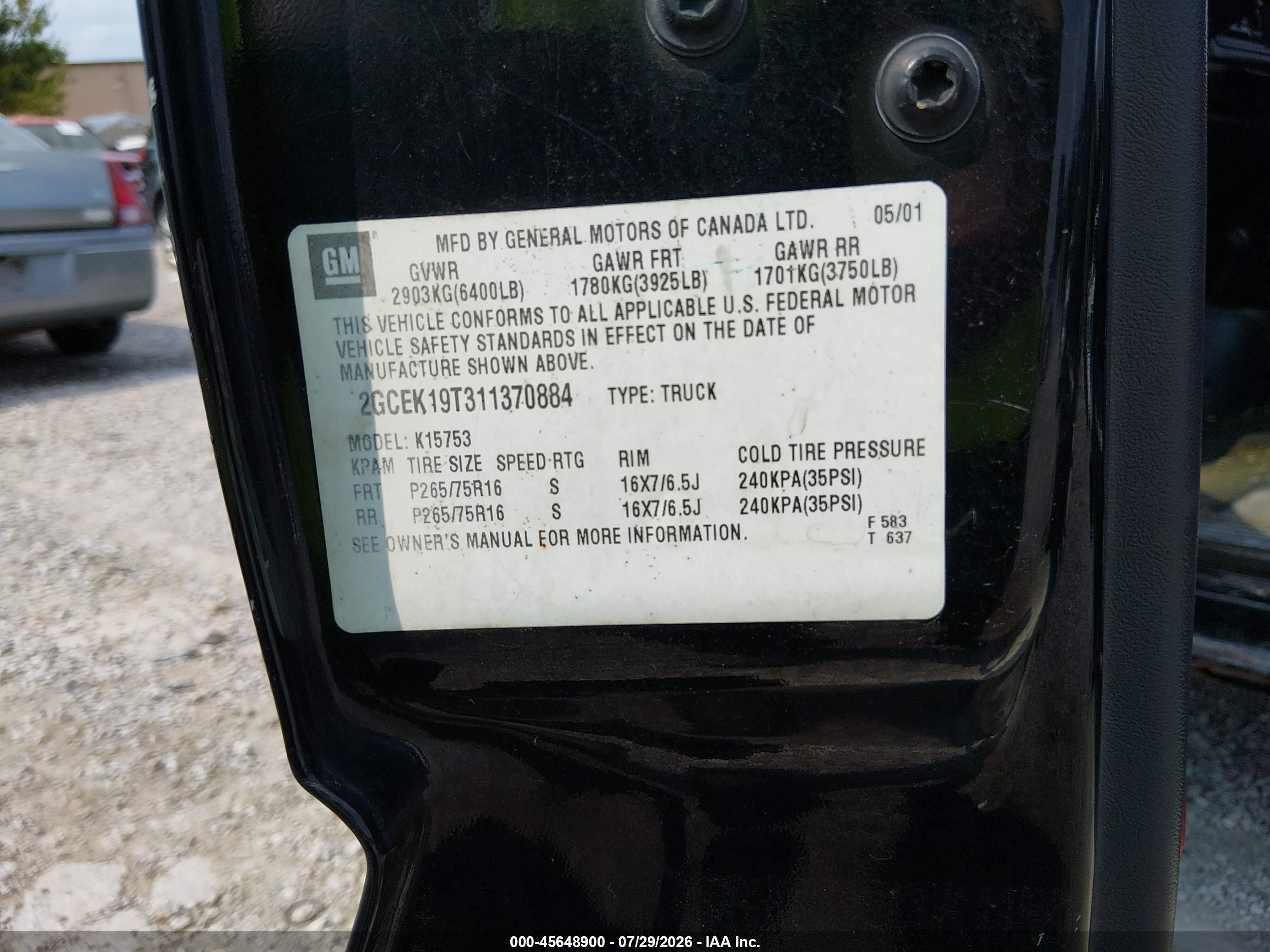 2001 Chevrolet Silverado 1500 Ls Black vin: 2GCEK19T311370884
