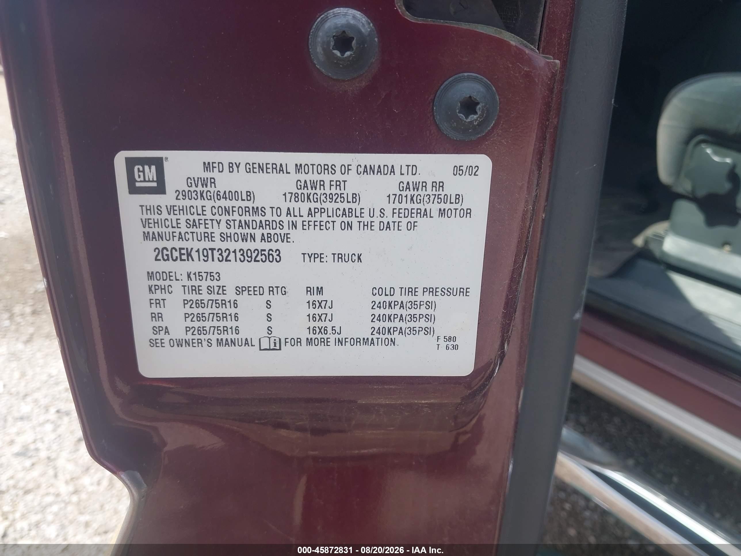 2002 Chevrolet Silverado 1500 Ls Maroon vin: 2GCEK19T321392563