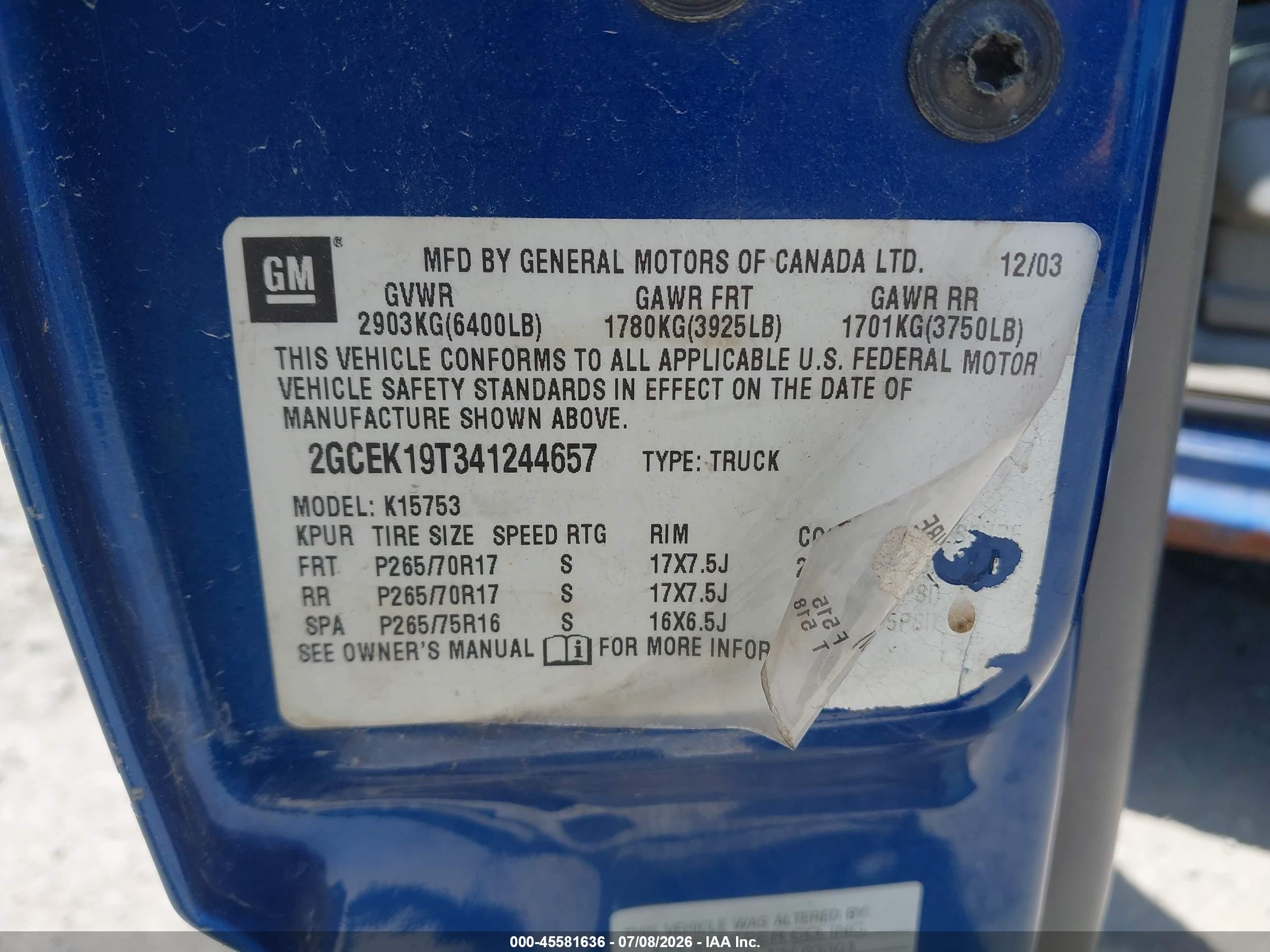 2004 Chevrolet Silverado 1500 Lt Blue vin: 2GCEK19T341244657