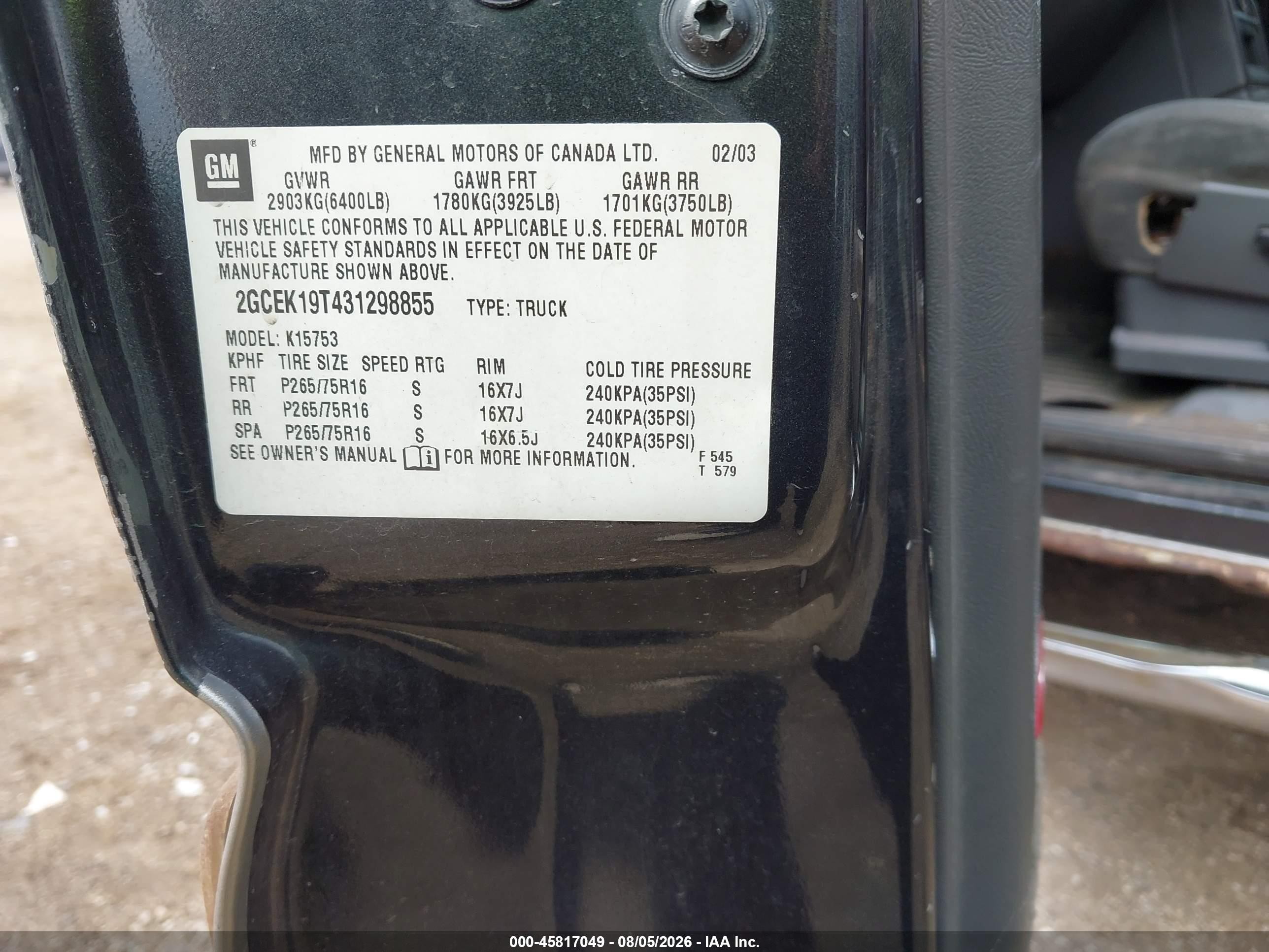 2003 Chevrolet Silverado 1500 Ls Gray vin: 2GCEK19T431298855