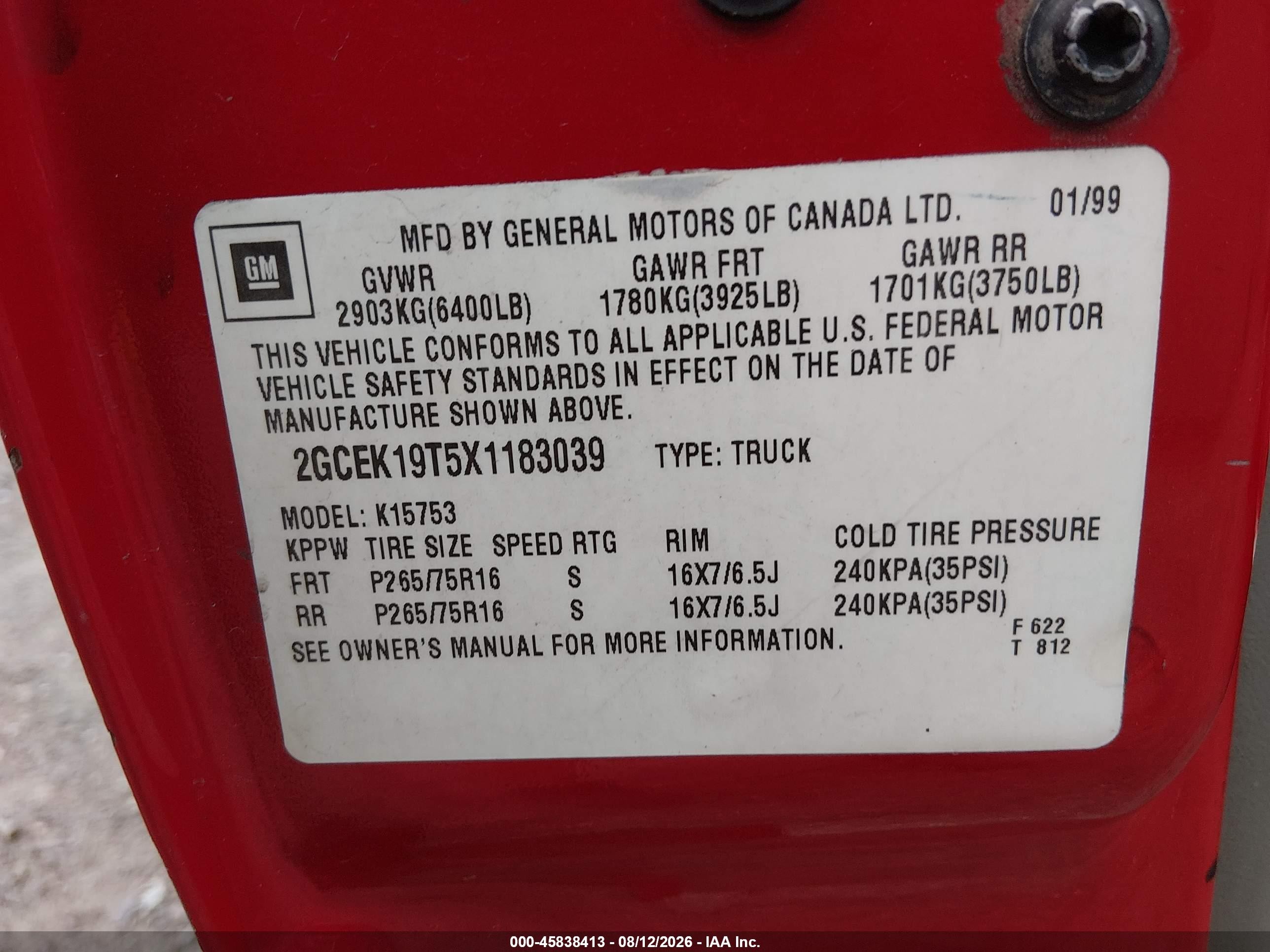 1999 Chevrolet Silverado 1500 Ls Red vin: 2GCEK19T5X1183039