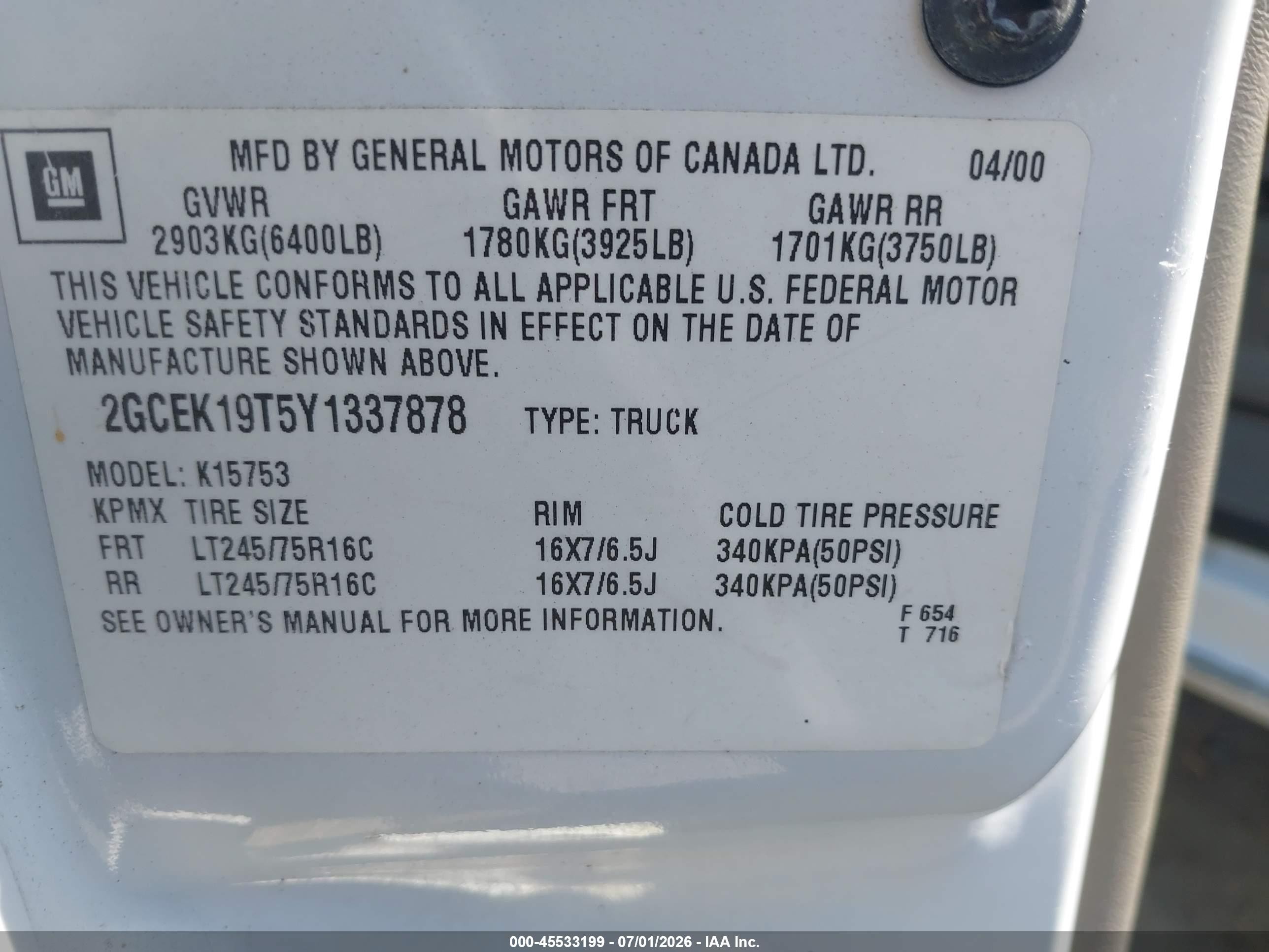 2000 Chevrolet Silverado 1500 Ls White vin: 2GCEK19T5Y1337878