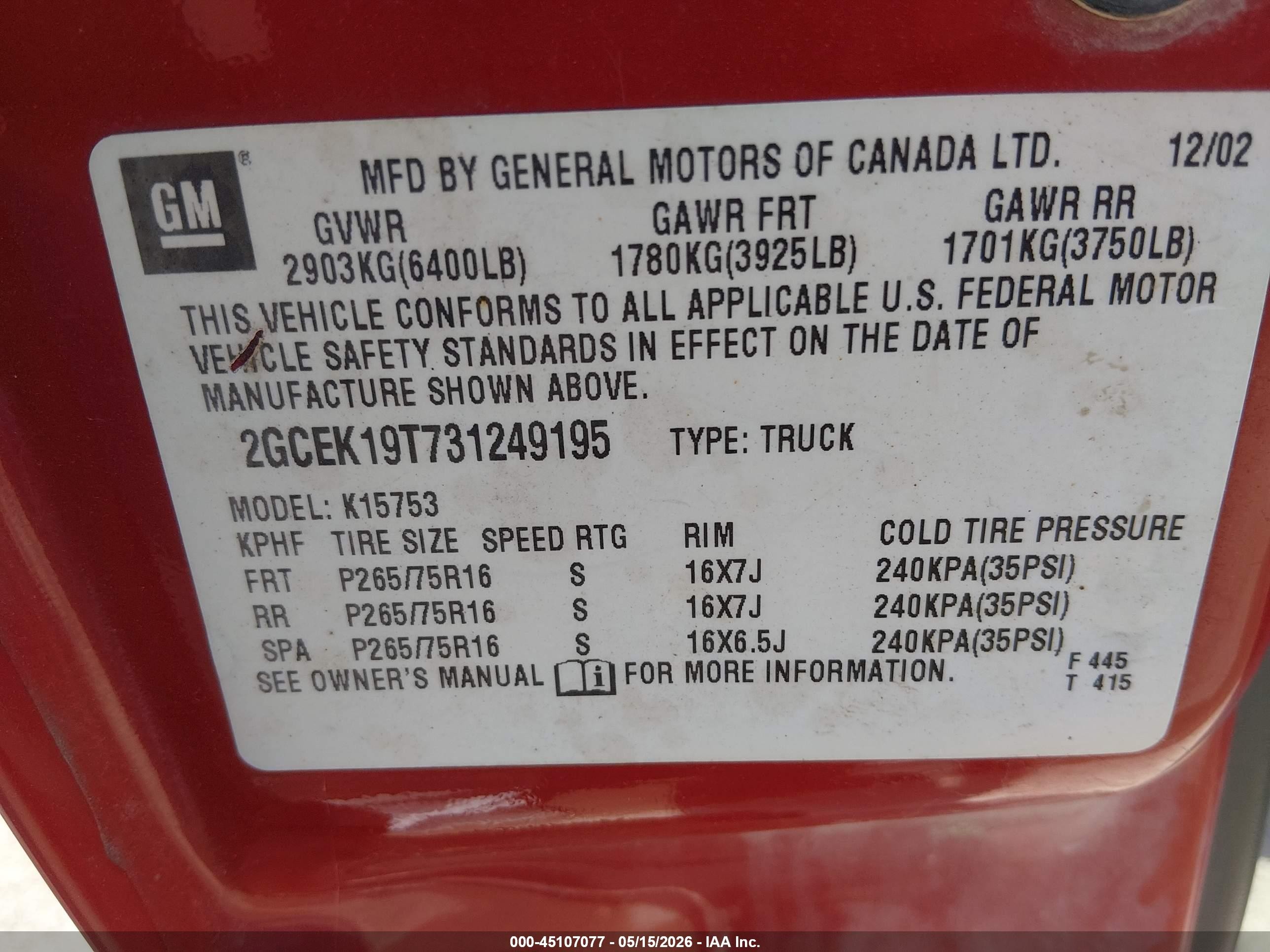 2003 Chevrolet Silverado 1500 Ls Red vin: 2GCEK19T731249195