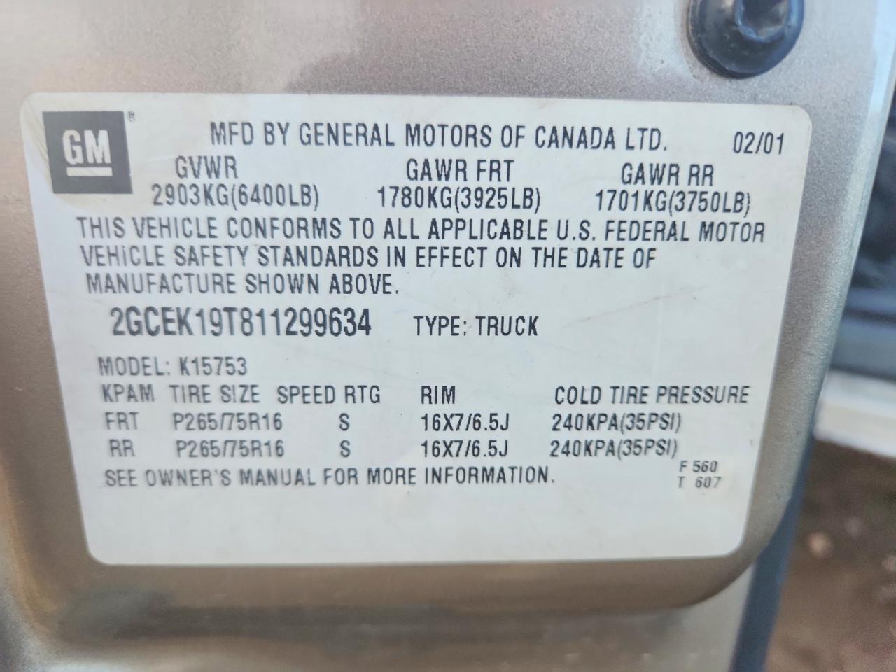 2001 Chevrolet Silverado Tan vin: 2GCEK19T811299634