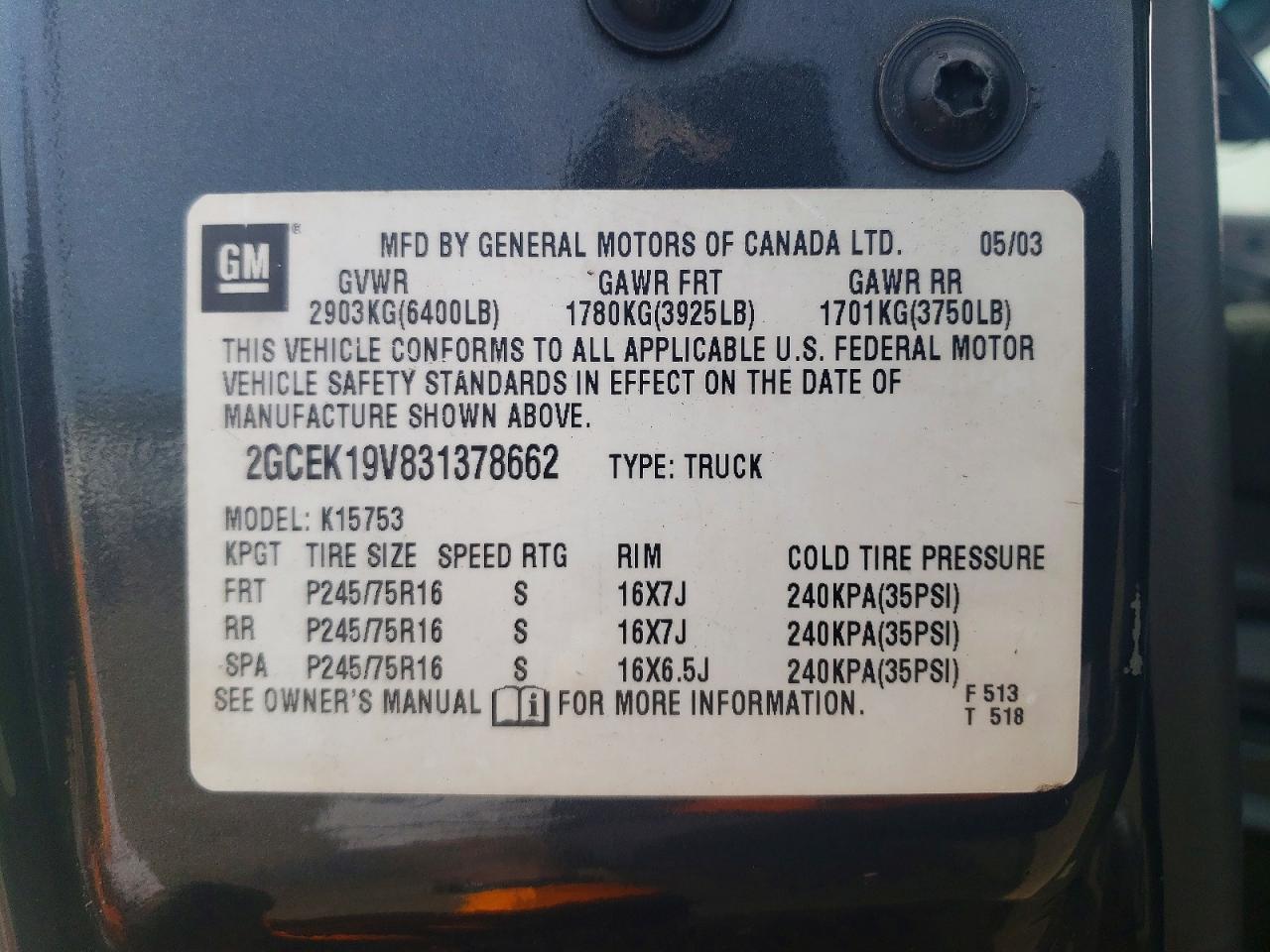 2003 Chevrolet Silverado K1500 Gray vin: 2GCEK19V831378662