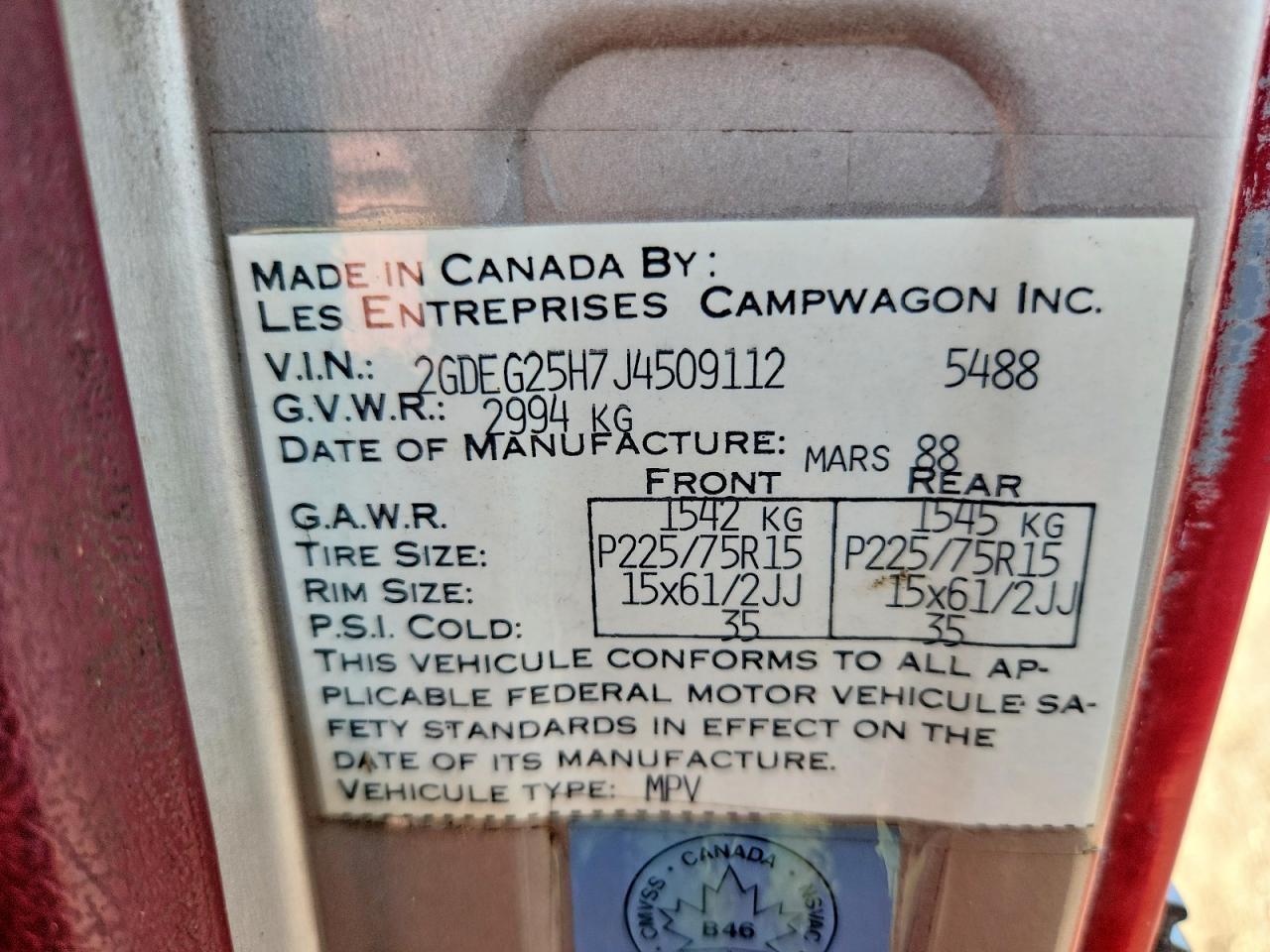 1988 Gmc Rally Wagon / Van G2500 Red vin: 2GDEG25H7J4509112
