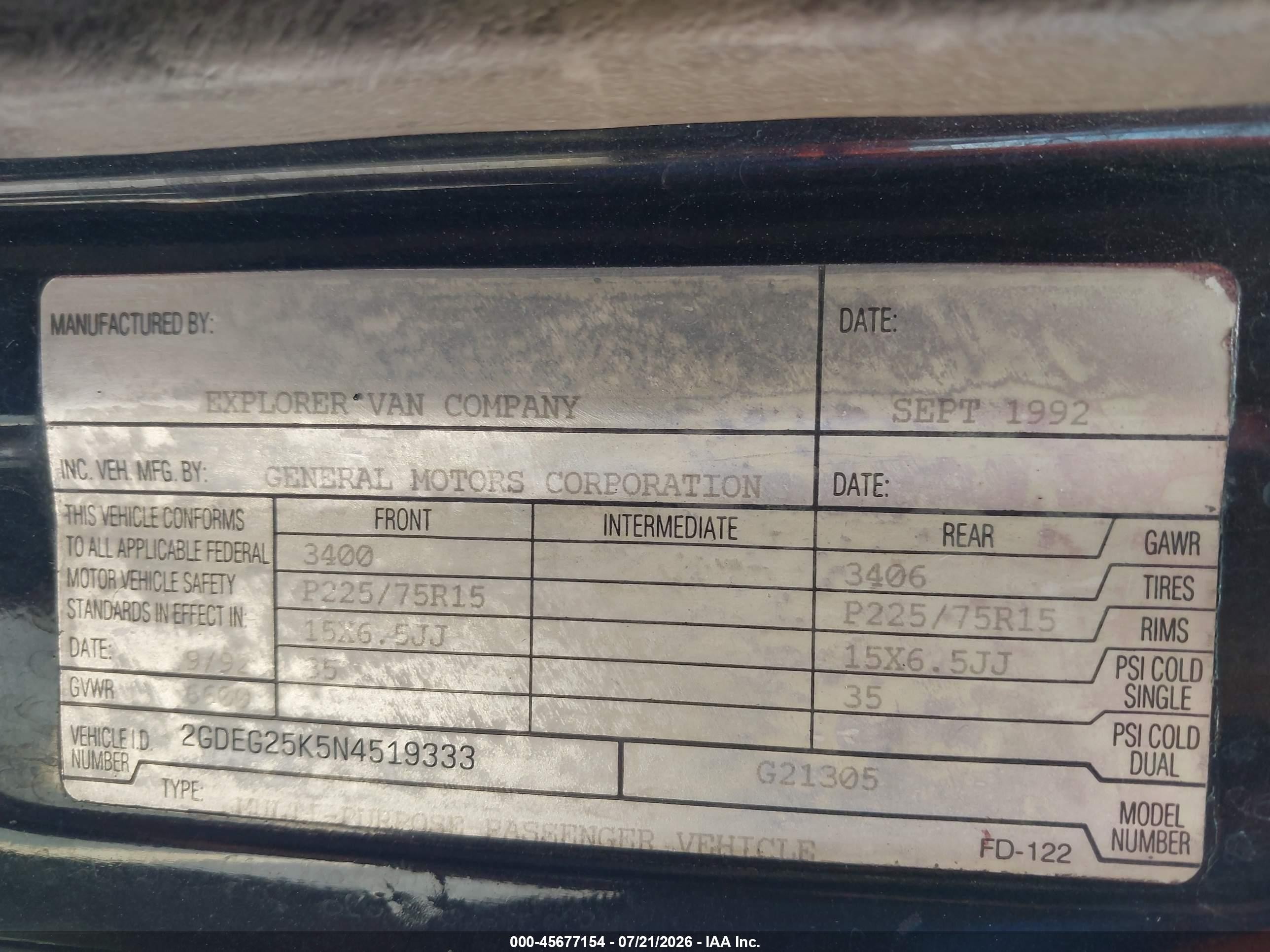 1992 Gmc Rally Wagon / Van G2500 Brown vin: 2GDEG25K5N4519333