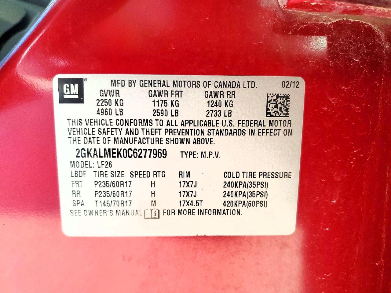 2012 Gmc Terrain Sle Red vin: 2GKALMEK0C6277969