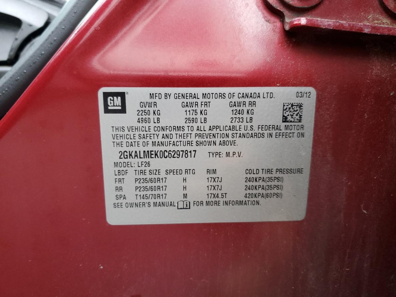 2012 Gmc Terrain Sle Red vin: 2GKALMEK0C6297817