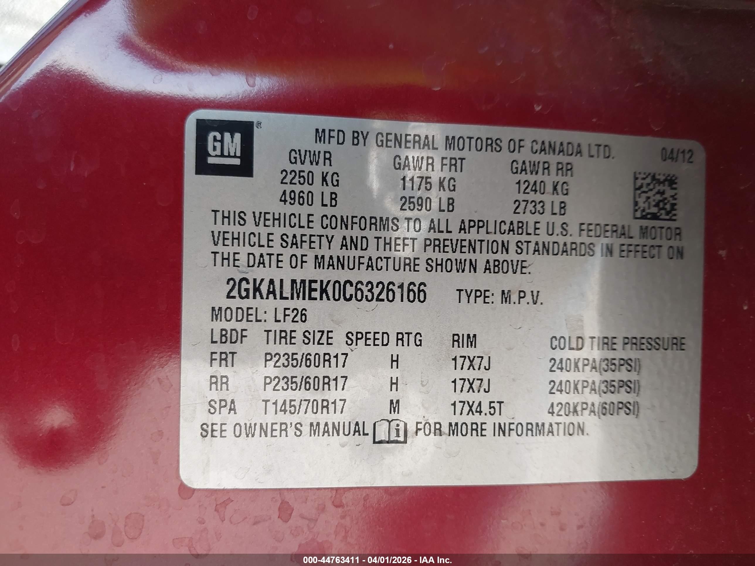 2012 Gmc Terrain Sle-1 Красный vin: 2GKALMEK0C6326166