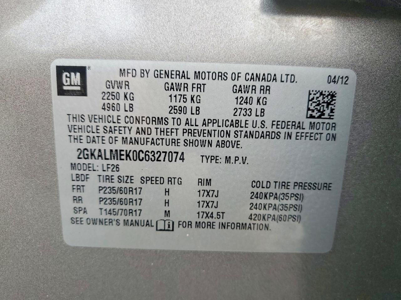 2012 Gmc Terrain Sle Gray vin: 2GKALMEK0C6327074