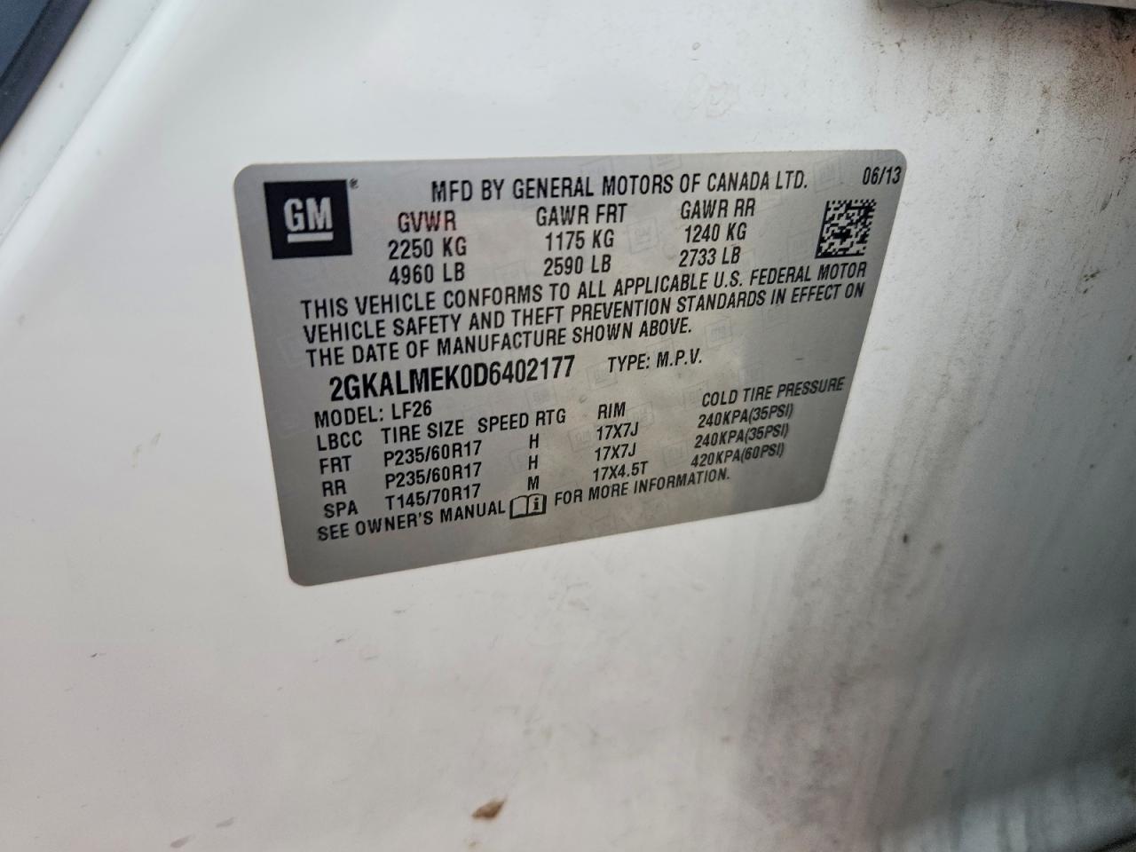 2013 Gmc Terrain Sle White vin: 2GKALMEK0D6402177