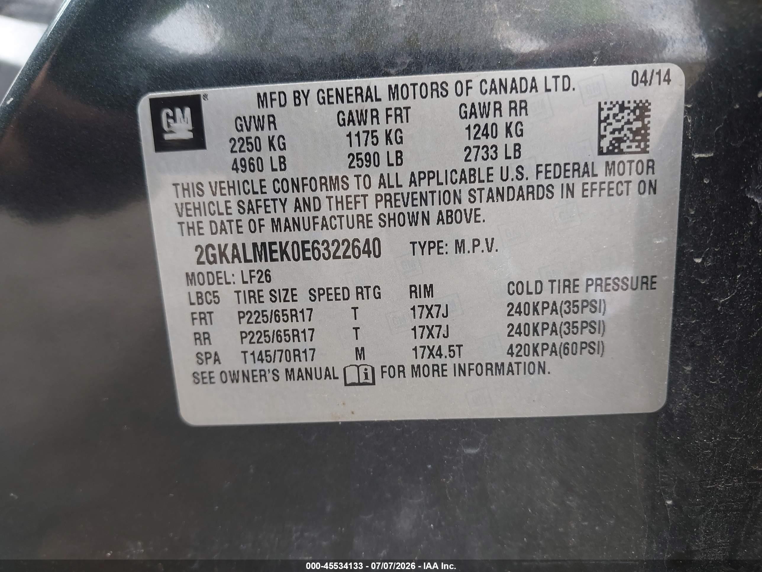 2014 Gmc Terrain Sle-1 Black vin: 2GKALMEK0E6322640