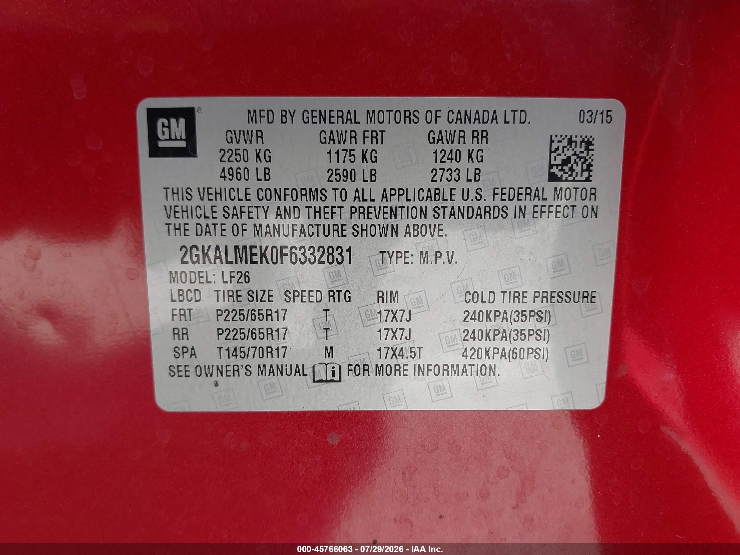 2015 Gmc Terrain Sle-1 Red vin: 2GKALMEK0F6332831
