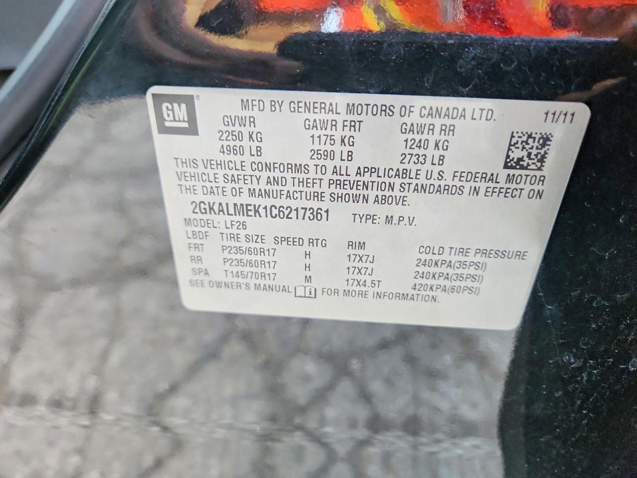 2012 Gmc Terrain Sle Black vin: 2GKALMEK1C6217361