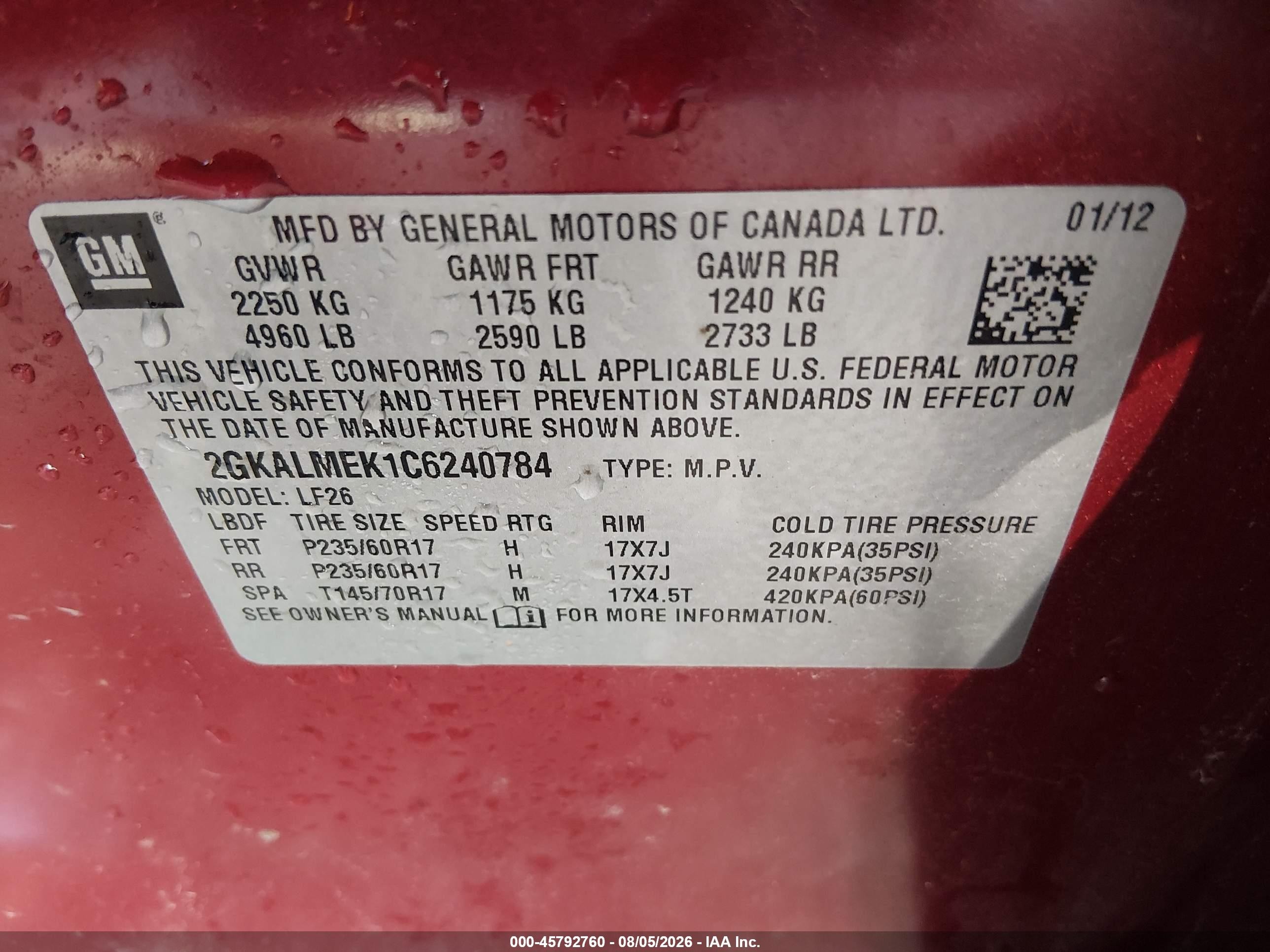 2012 Gmc Terrain Sle-1 Red vin: 2GKALMEK1C6240784