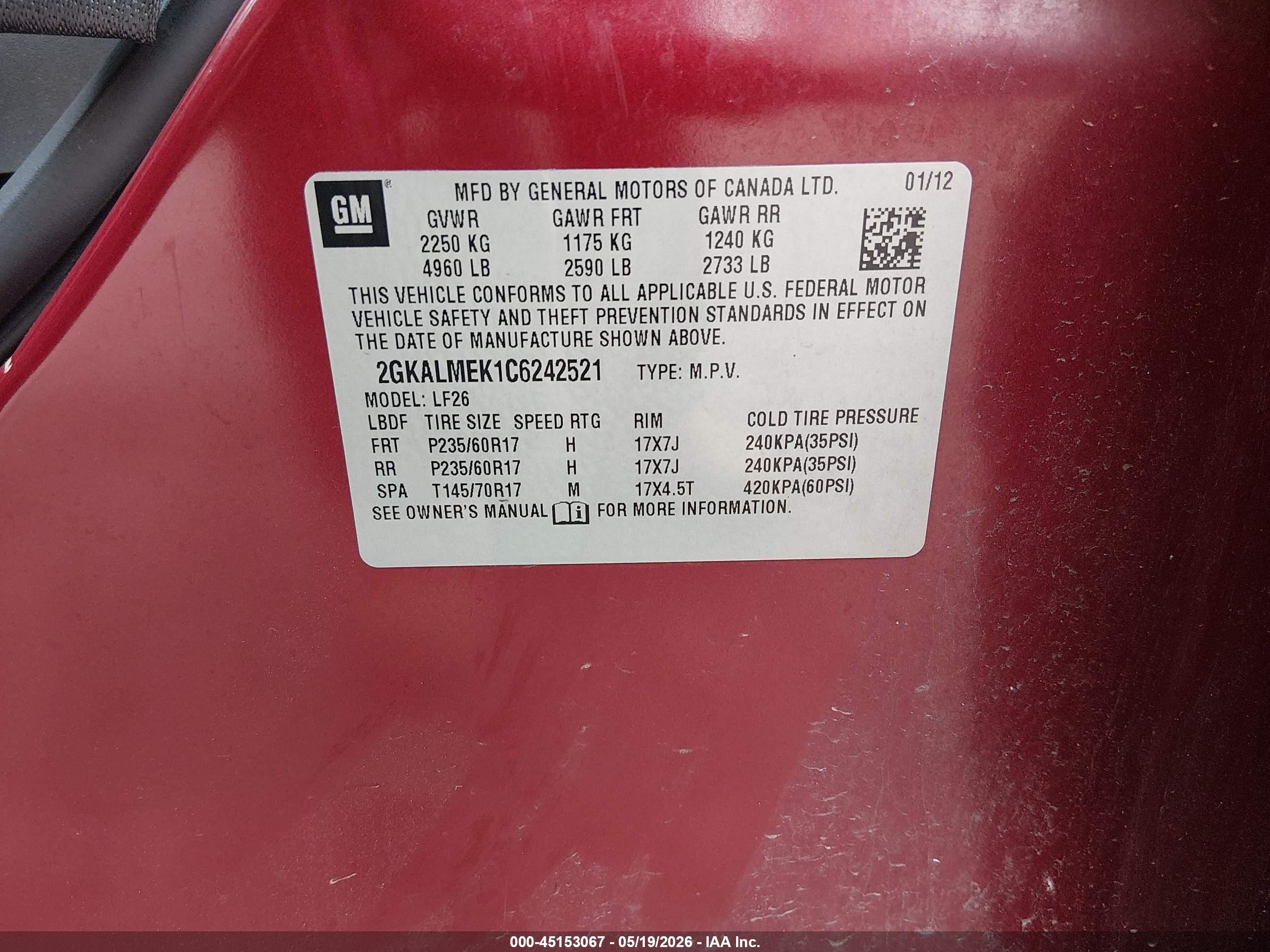 2012 Gmc Terrain Sle-1 Maroon vin: 2GKALMEK1C6242521