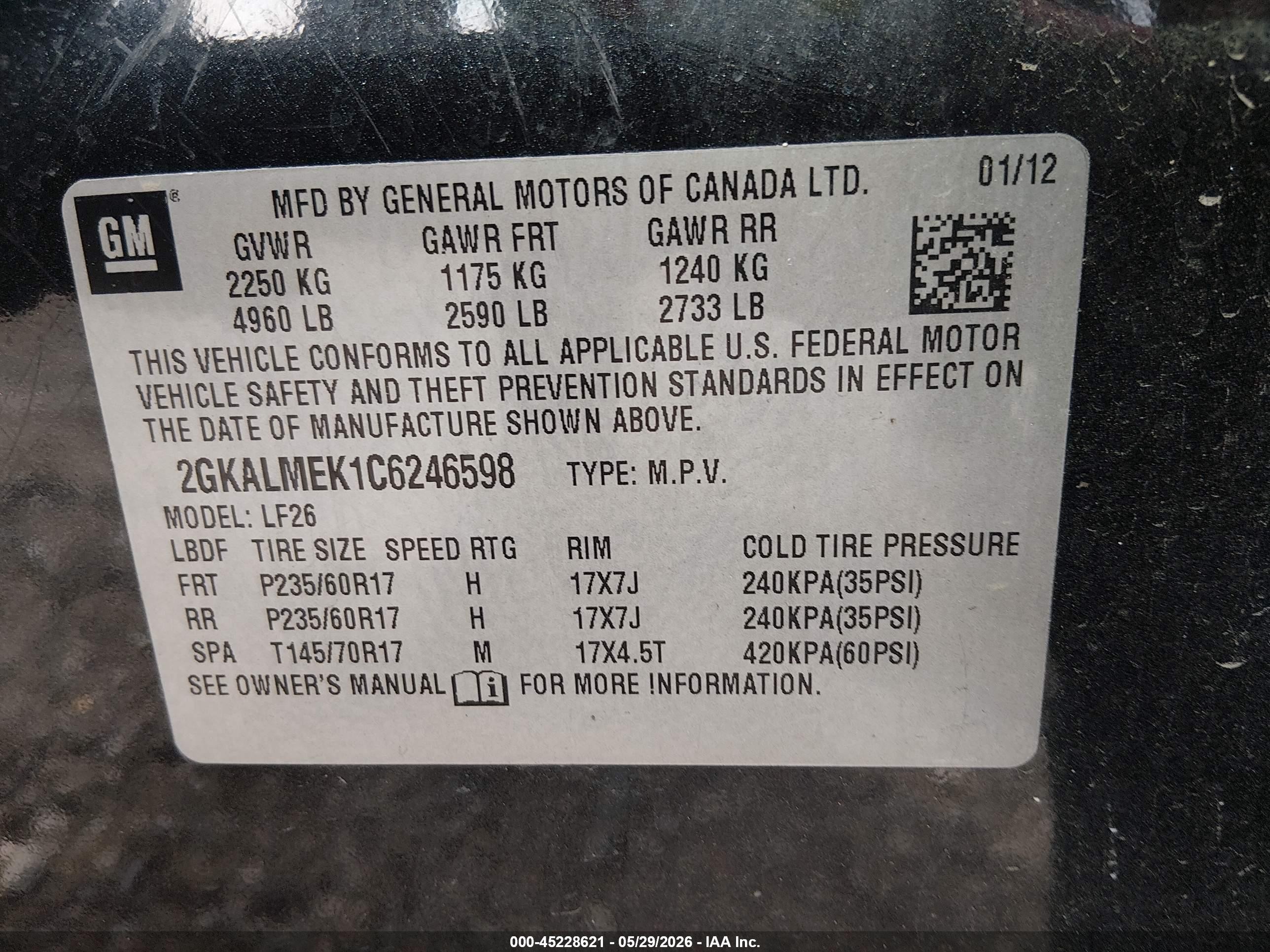 2012 Gmc Terrain Sle-1 Black vin: 2GKALMEK1C6246598