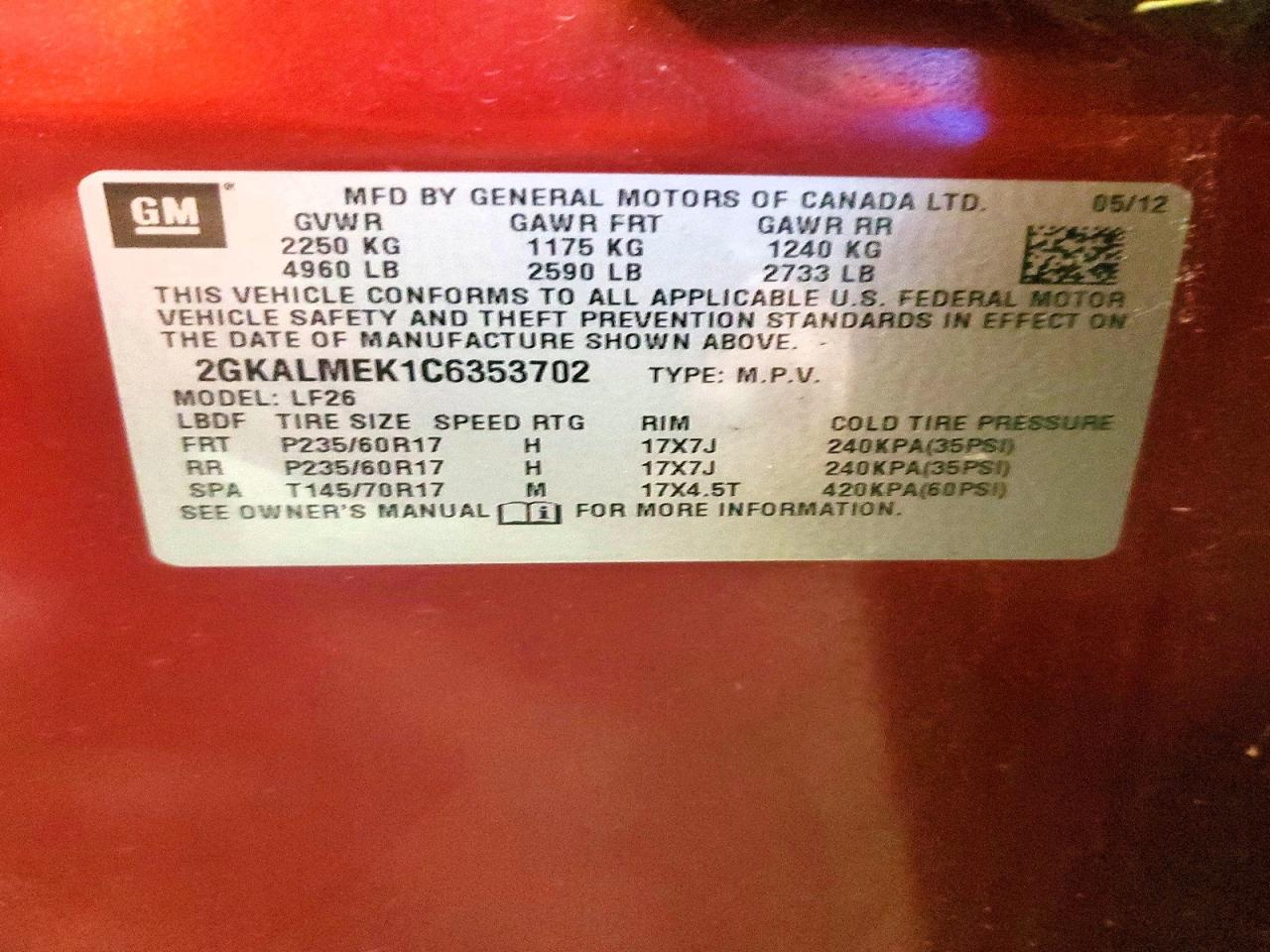2012 Gmc Terrain Sle Red vin: 2GKALMEK1C6353702