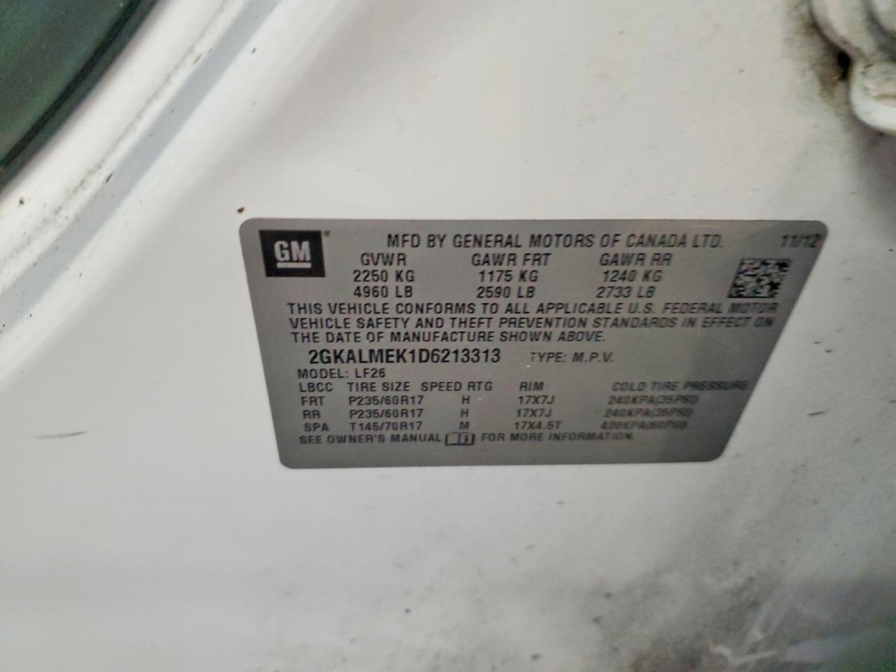 2013 Gmc Terrain Sle Белый vin: 2GKALMEK1D6213313