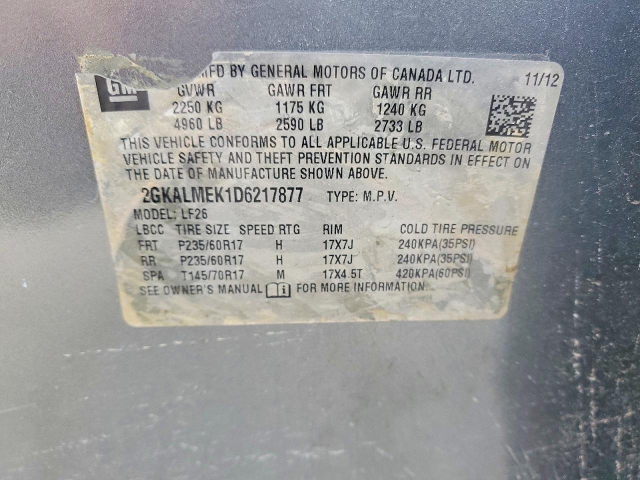 2013 Gmc Terrain Sle Серый vin: 2GKALMEK1D6217877