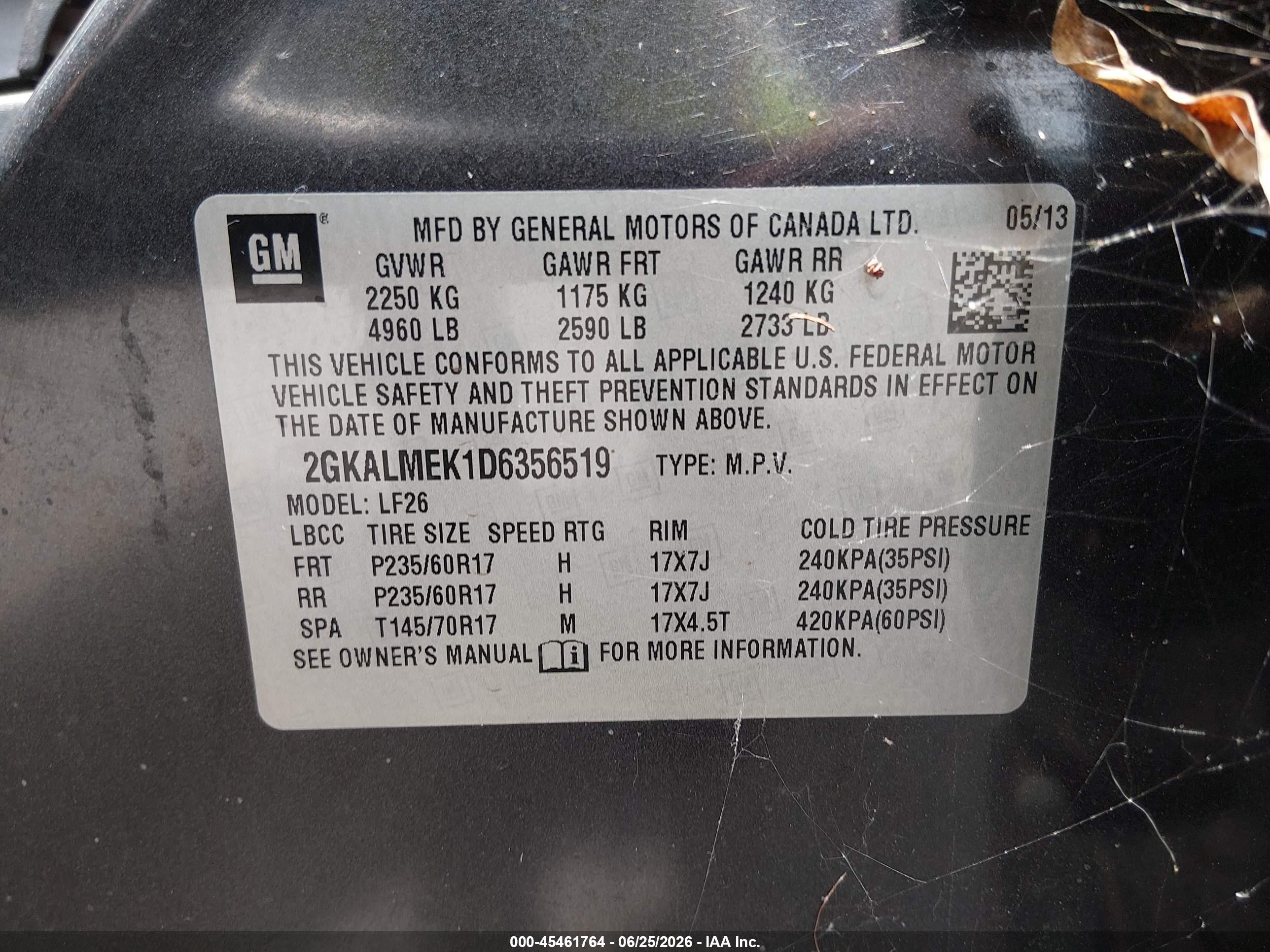 2013 Gmc Terrain Sle-1 Black vin: 2GKALMEK1D6356519