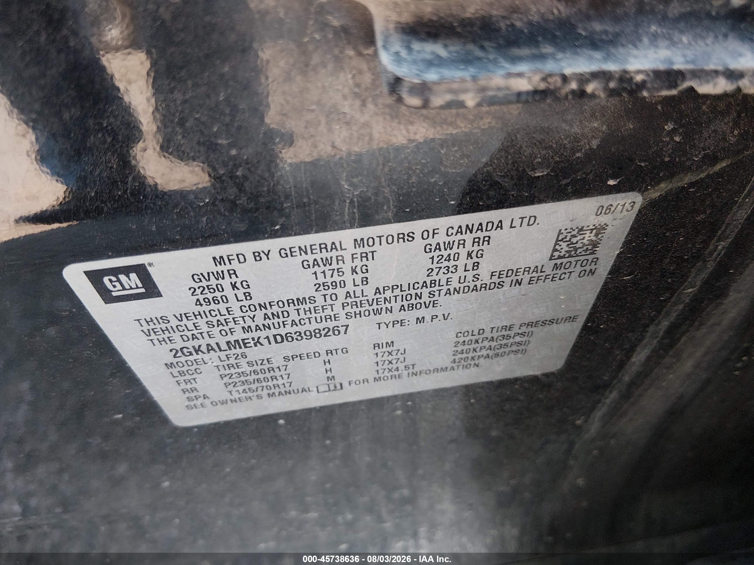 2013 Gmc Terrain Sle-1 Черный vin: 2GKALMEK1D6398267