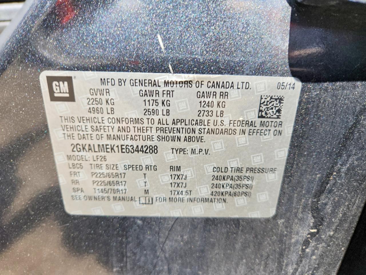 2014 Gmc Terrain Sle Charcoal vin: 2GKALMEK1E6344288