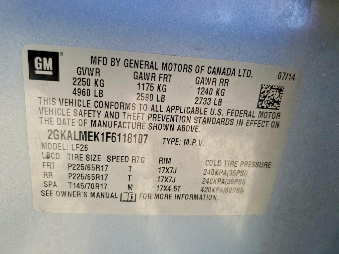 2015 Gmc Terrain Sle Turquoise vin: 2GKALMEK1F6118107