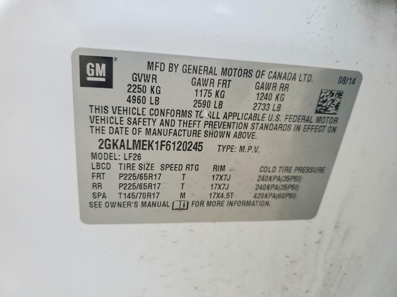 2015 Gmc Terrain Sle White vin: 2GKALMEK1F6120245