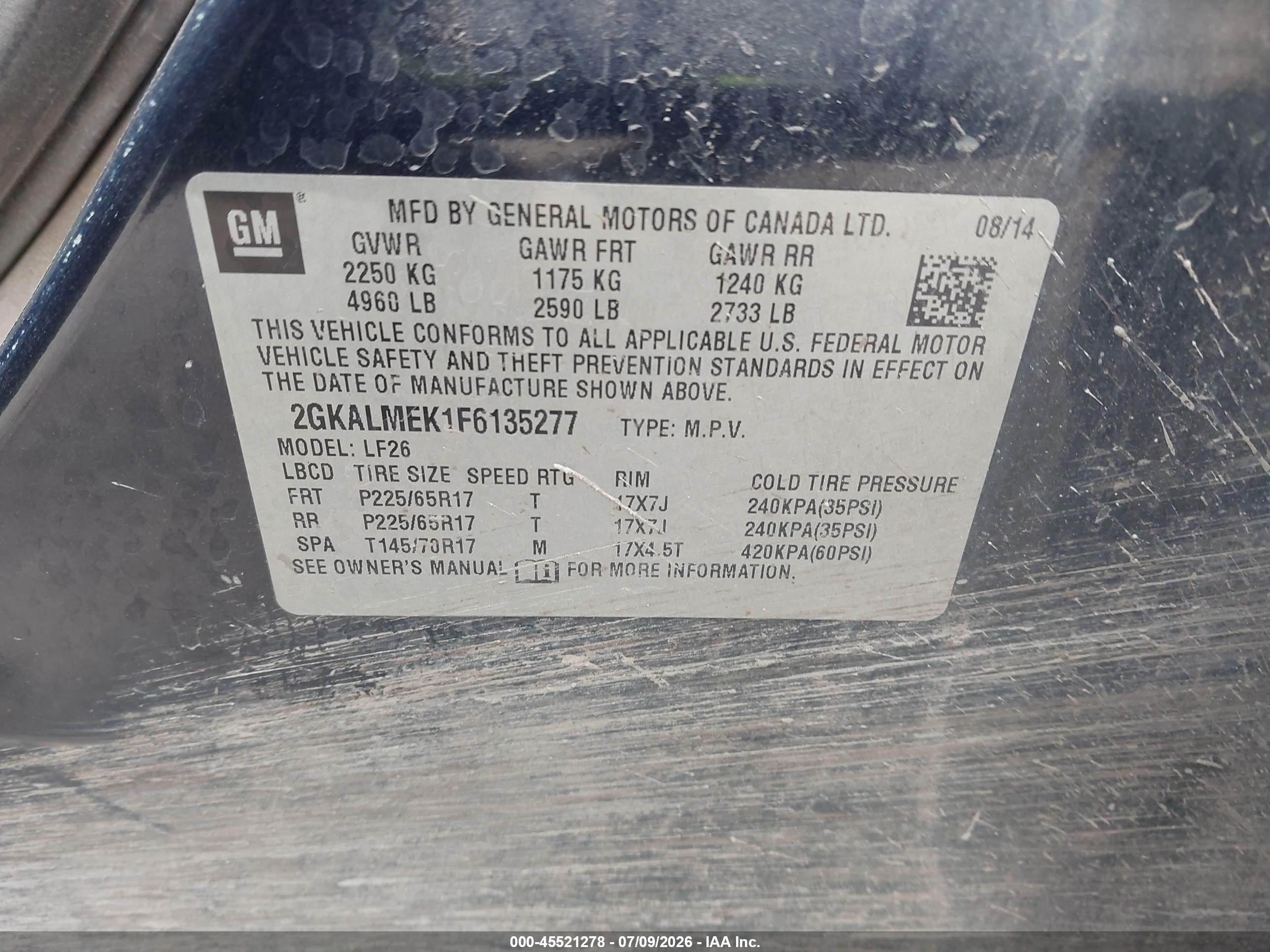 2015 Gmc Terrain Sle-1 Blue vin: 2GKALMEK1F6135277
