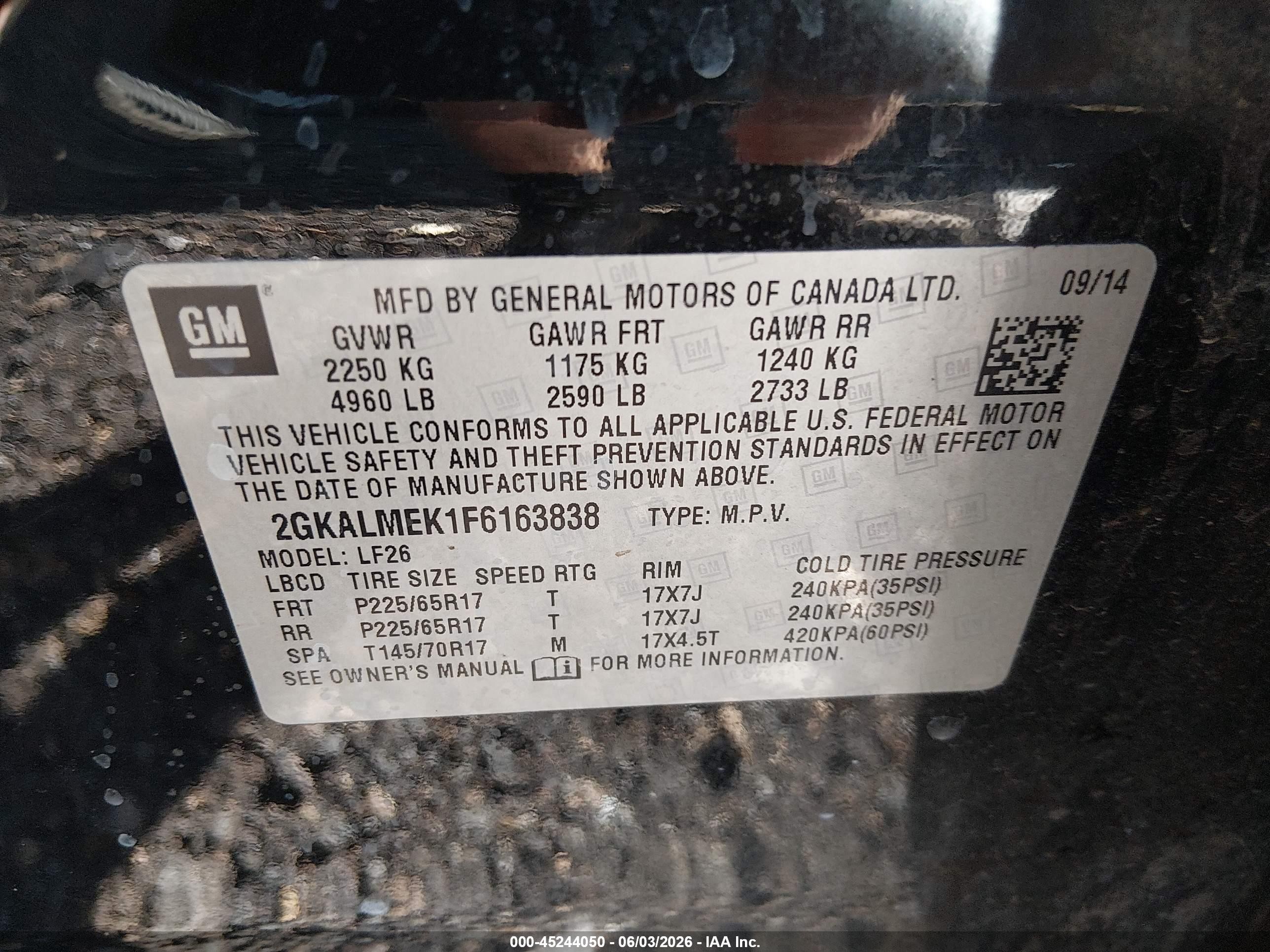 2015 Gmc Terrain Sle-1 Черный vin: 2GKALMEK1F6163838