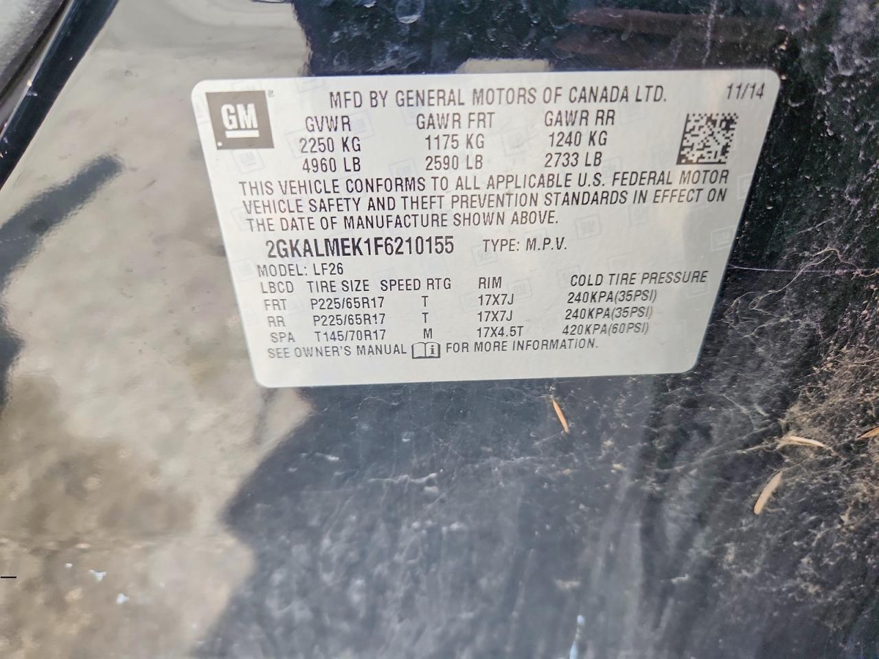 2015 Gmc Terrain Sle Black vin: 2GKALMEK1F6210155