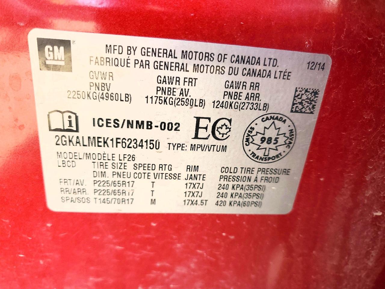 2015 Gmc Terrain Sle Red vin: 2GKALMEK1F6234150