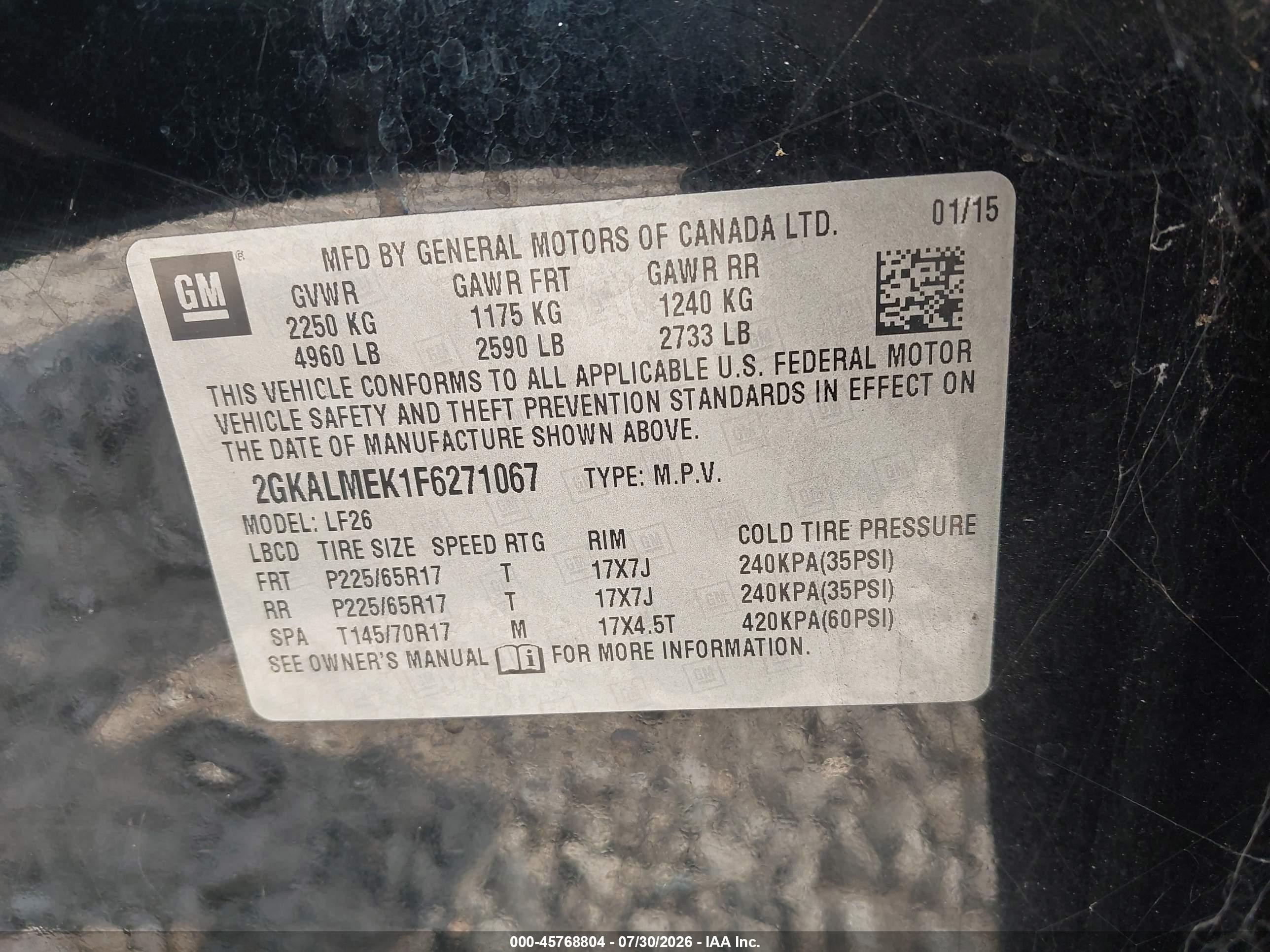 2015 Gmc Terrain Sle-1 Black vin: 2GKALMEK1F6271067