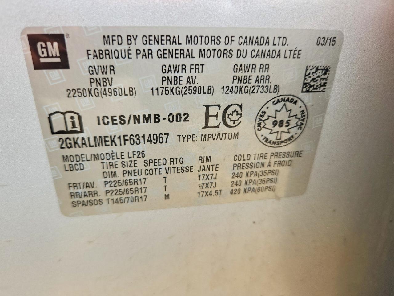 2015 Gmc Terrain Sle Silver vin: 2GKALMEK1F6314967