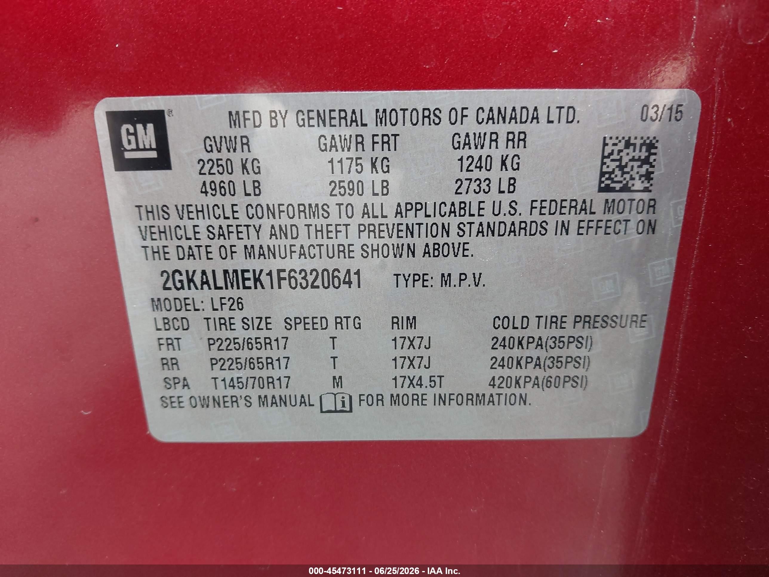 2015 Gmc Terrain Sle-1 Red vin: 2GKALMEK1F6320641