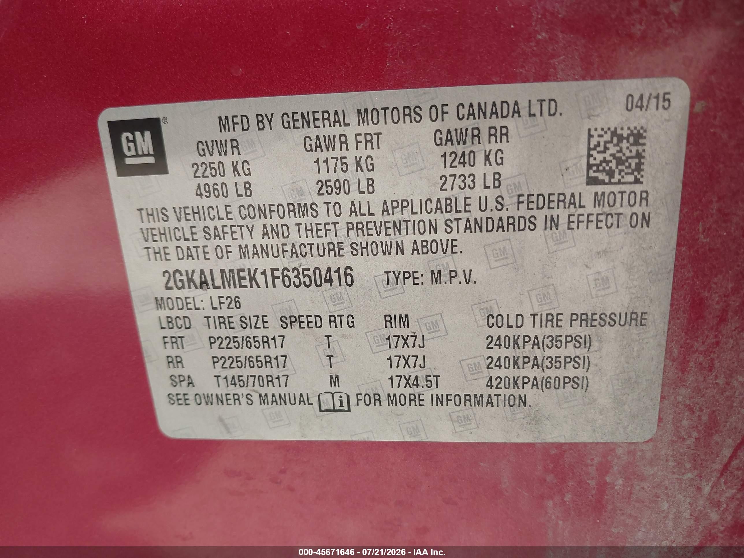2015 Gmc Terrain Sle-1 Red vin: 2GKALMEK1F6350416