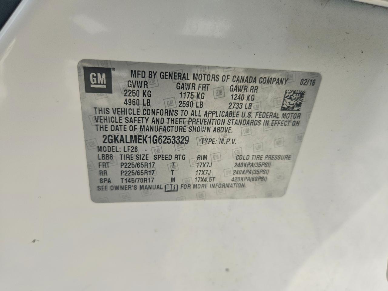 2016 Gmc Terrain Sle Белый vin: 2GKALMEK1G6253329