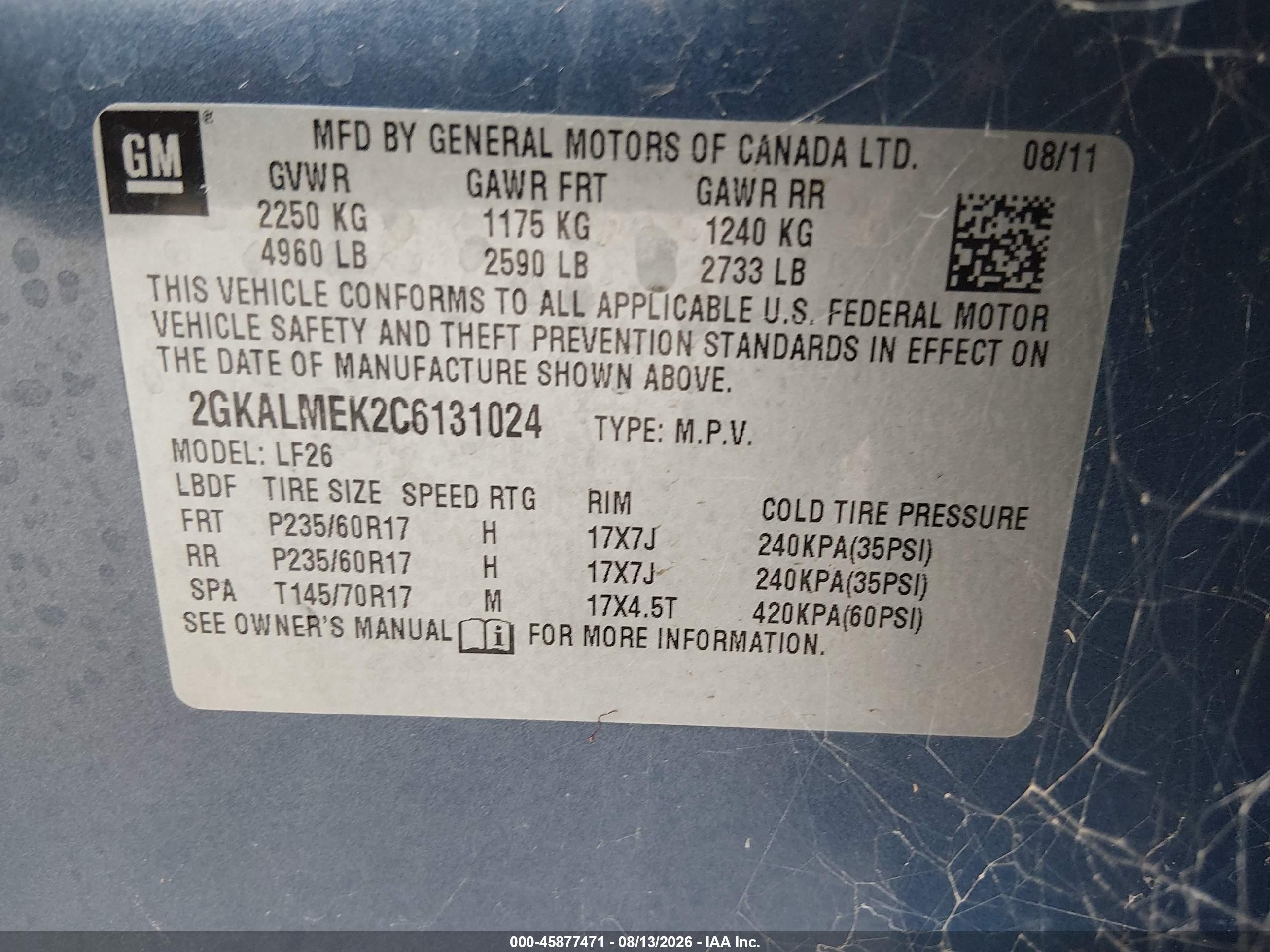2012 Gmc Terrain Sle-1 Blue vin: 2GKALMEK2C6131024