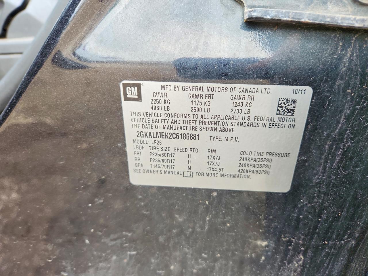 2012 Gmc Terrain Sle Black vin: 2GKALMEK2C6186881