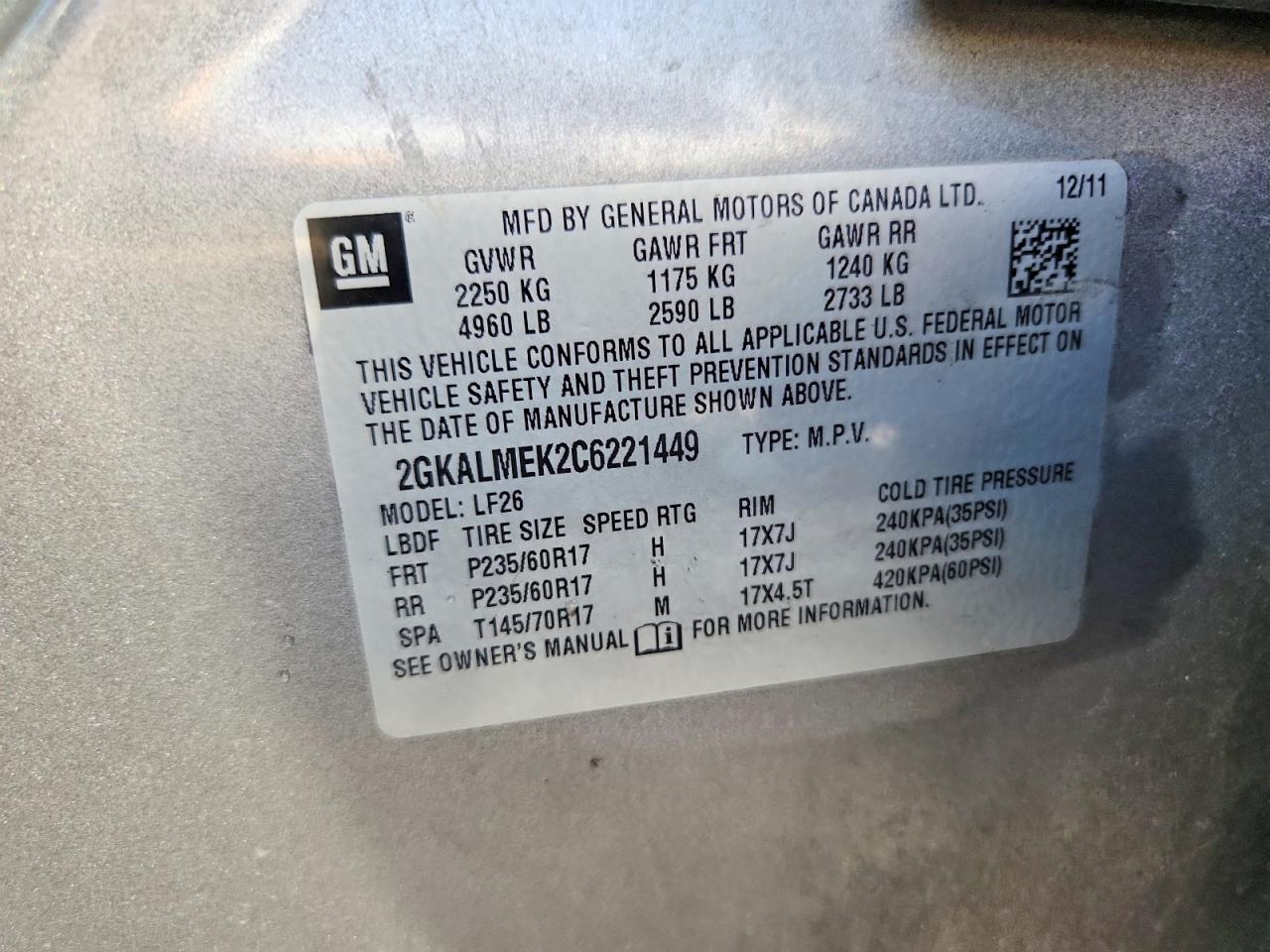 2012 Gmc Terrain Sle Серый vin: 2GKALMEK2C6221449