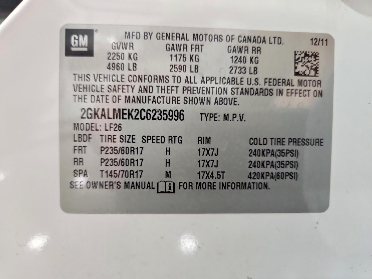 2012 Gmc Terrain Sle White vin: 2GKALMEK2C6235996