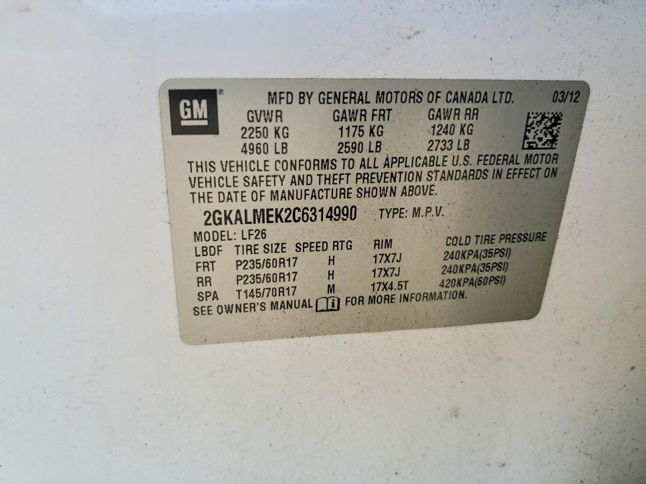 2012 Gmc Terrain Sle White vin: 2GKALMEK2C6314990