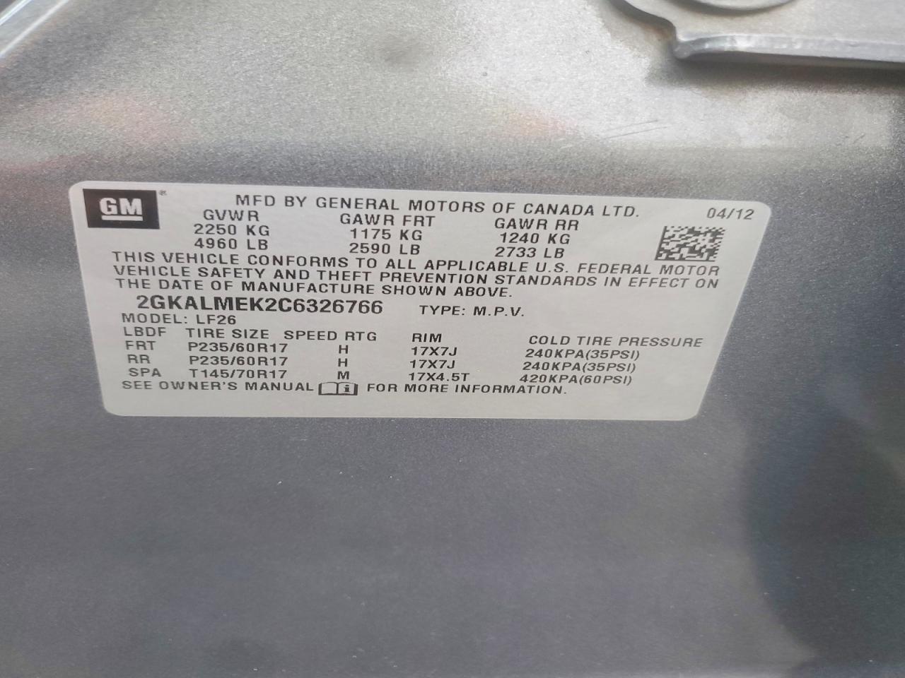 2012 Gmc Terrain Sle Gray vin: 2GKALMEK2C6326766