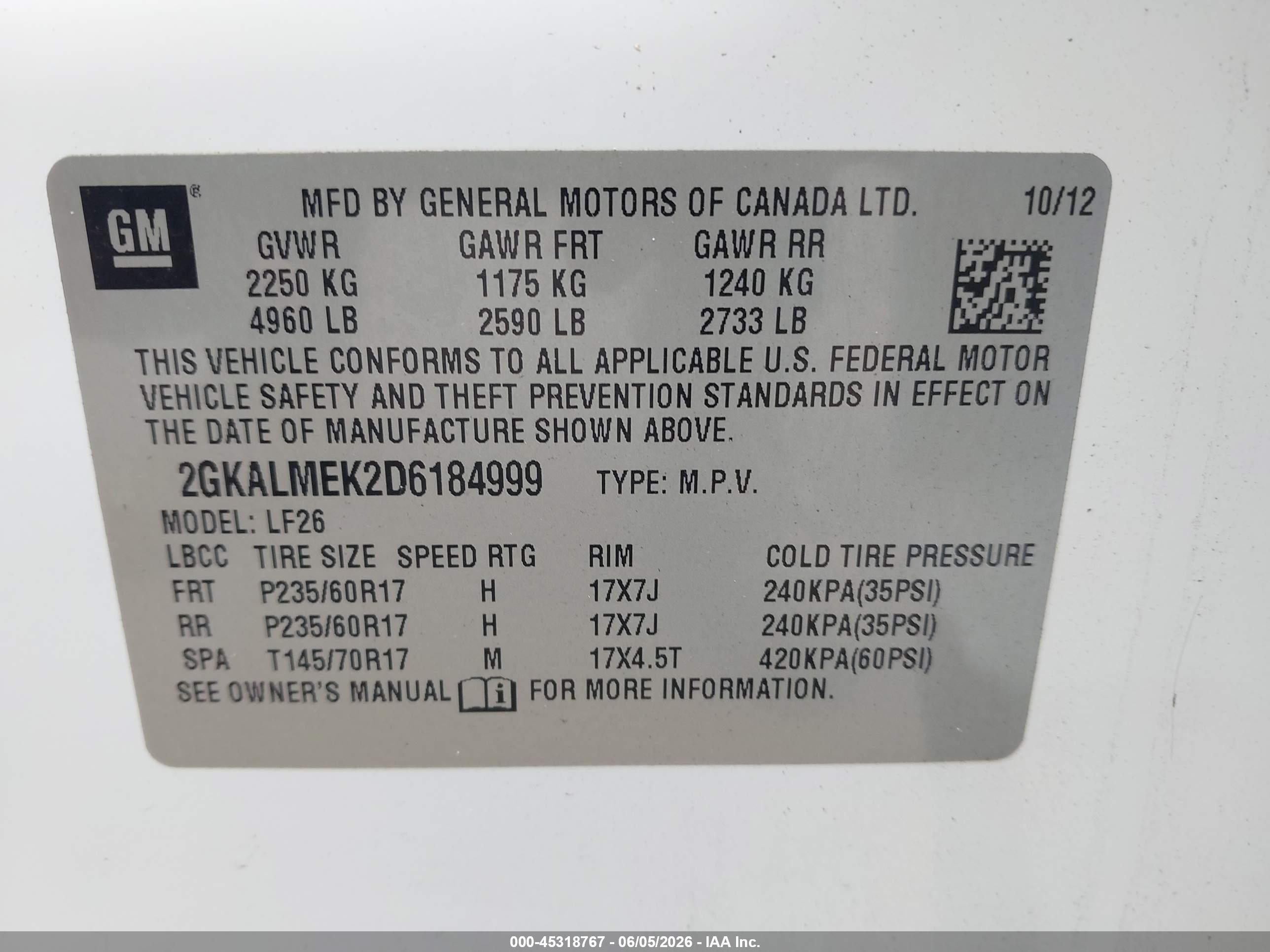 2013 Gmc Terrain Sle-1 White vin: 2GKALMEK2D6184999