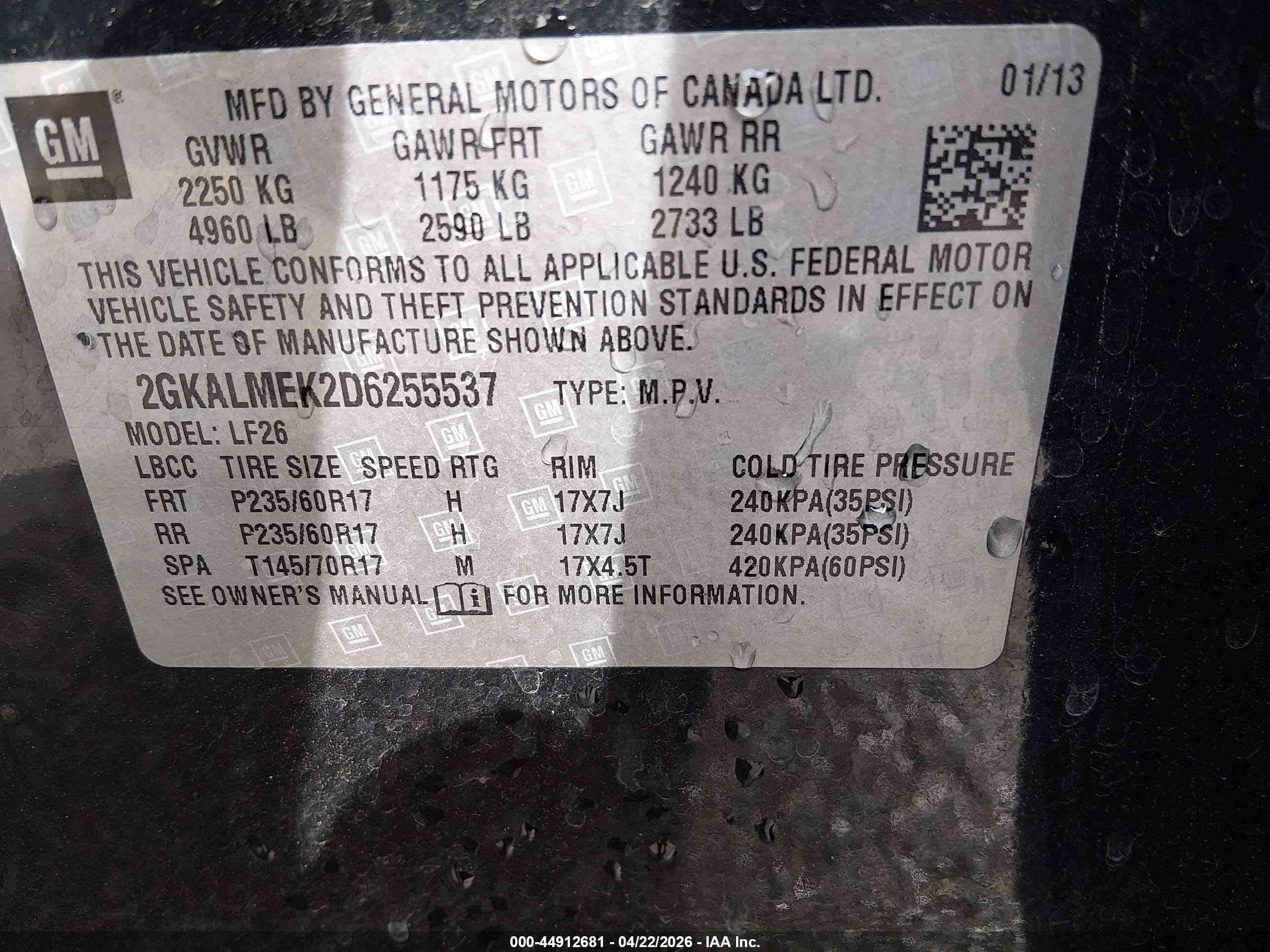 2013 Gmc Terrain Sle-1 Black vin: 2GKALMEK2D6255537