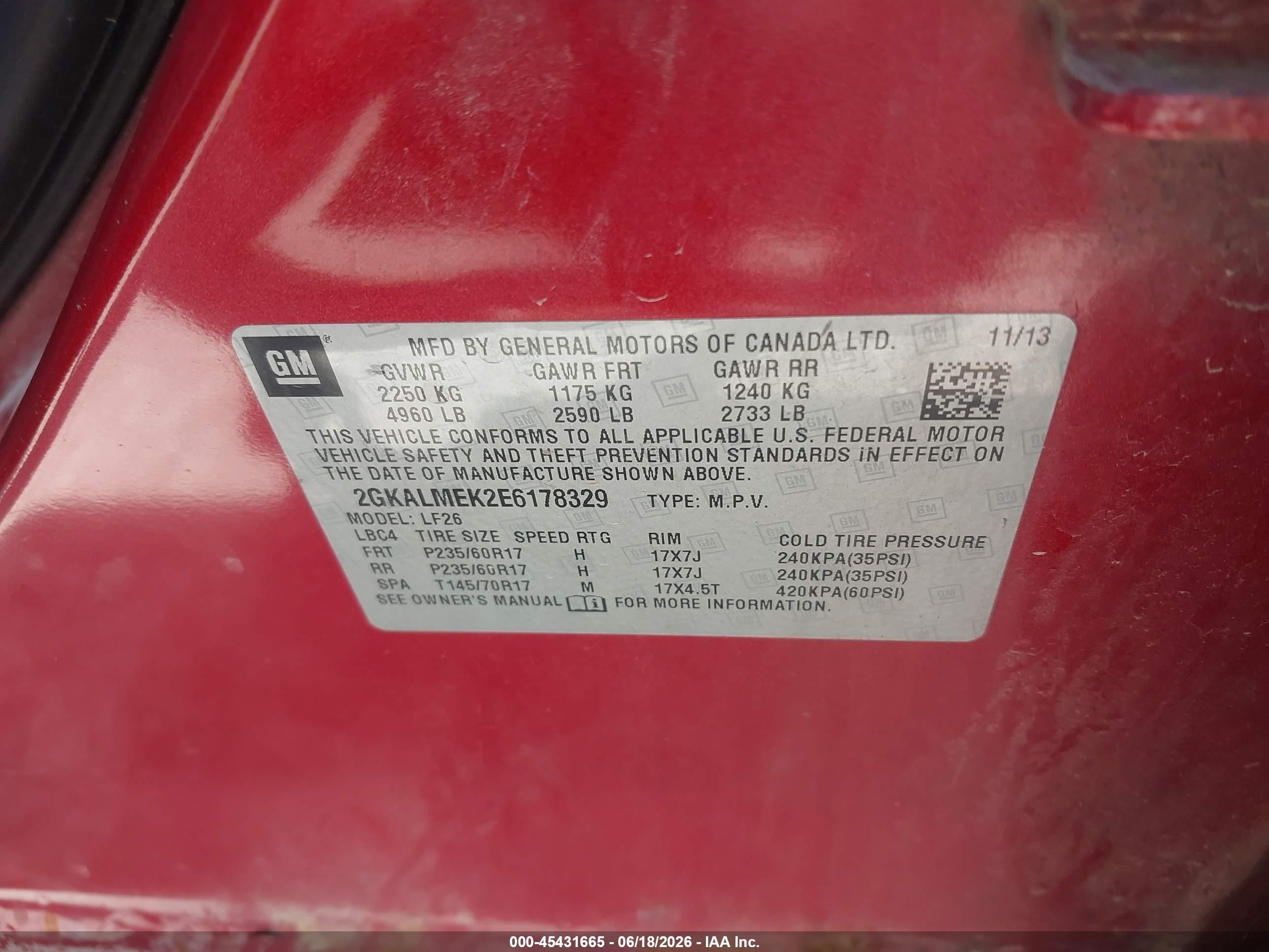 2014 Gmc Terrain Sle-1 Red vin: 2GKALMEK2E6178329