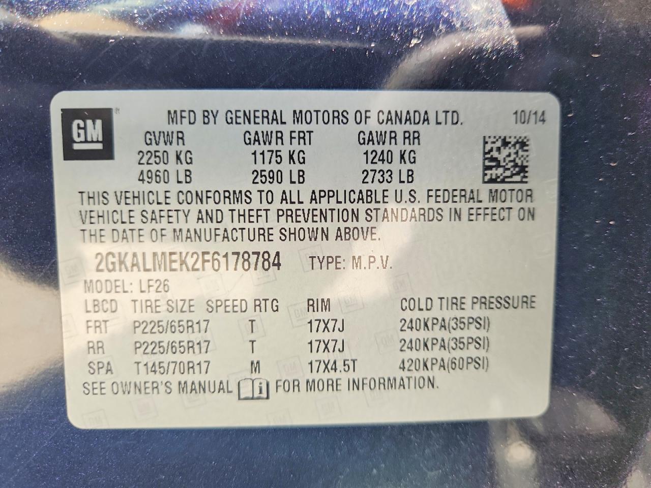 2015 Gmc Terrain Blue vin: 2GKALMEK2F6178784