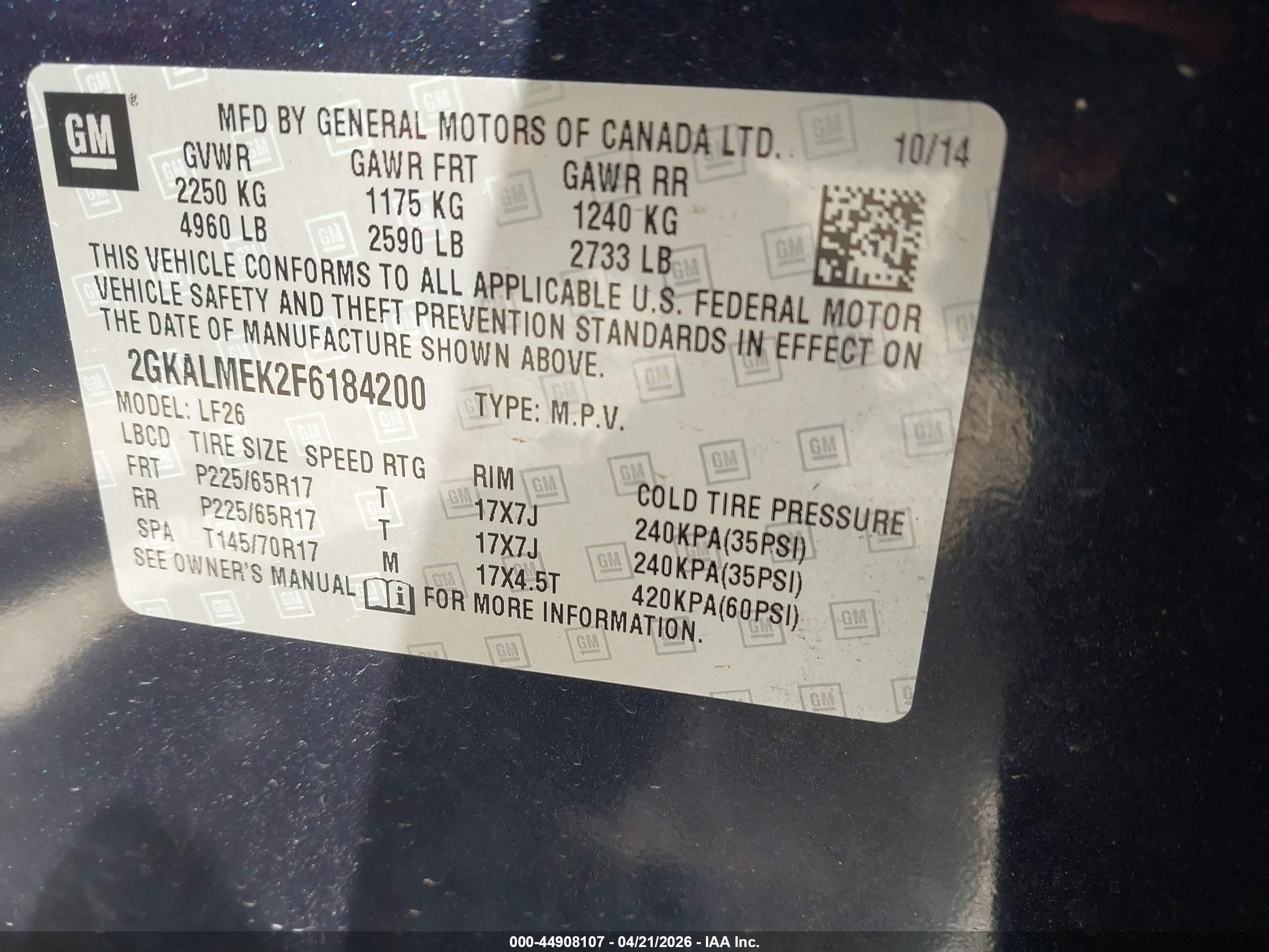 2015 Gmc Terrain Sle-1 Dark Blue vin: 2GKALMEK2F6184200